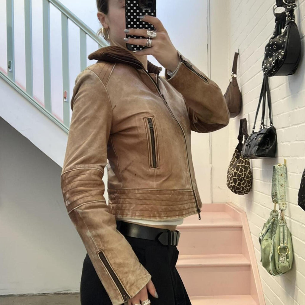 light brown washed leather zip up vintage jacket