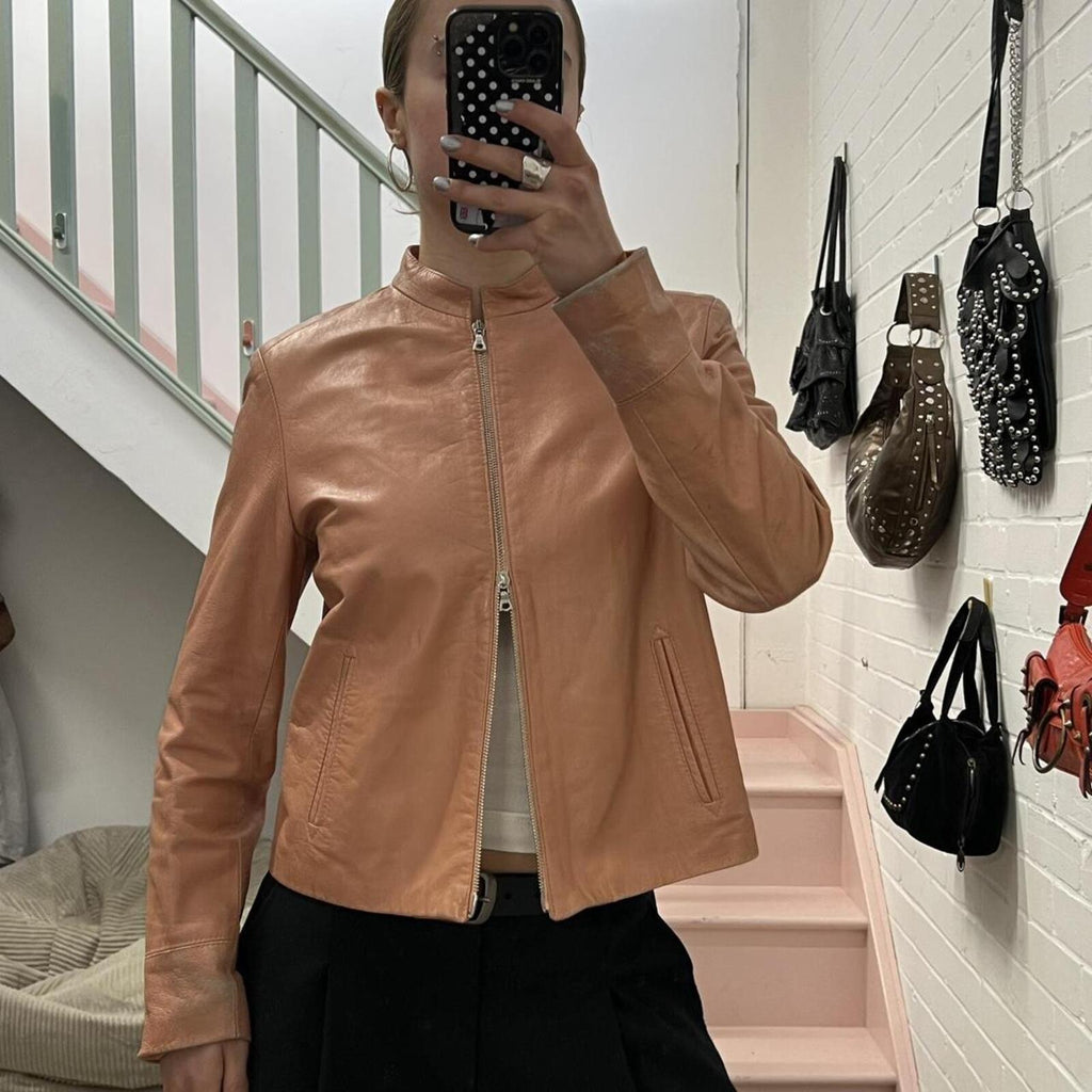 baby pink dusty pink zip up fitted vintage leather jacket with dual zip