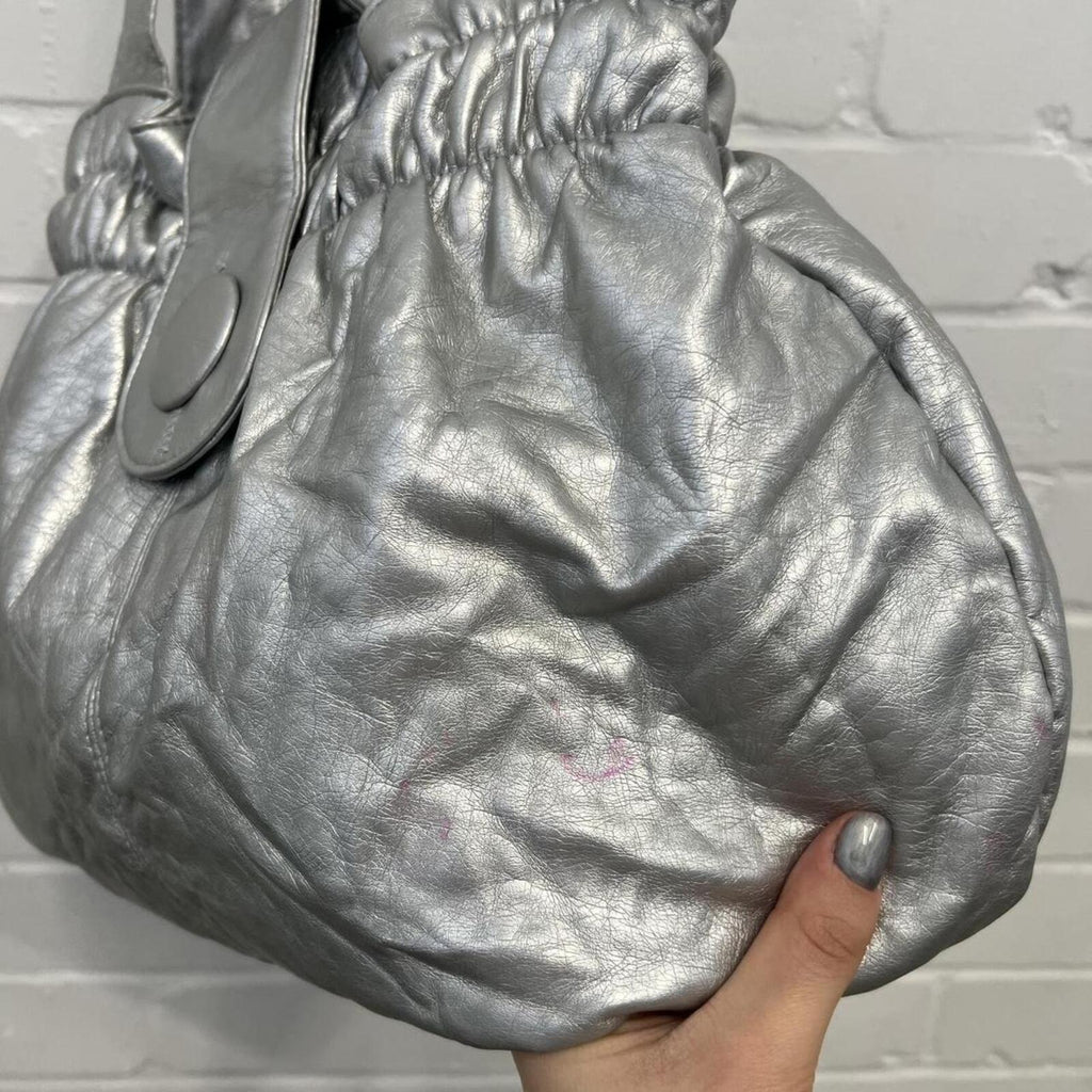 silver chrome metallic faux leather oversized handbag with chunky button detail