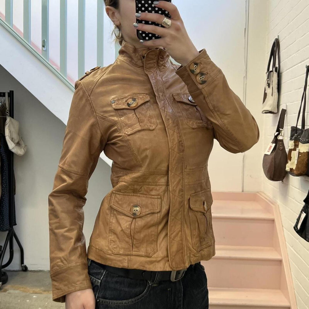 brown tan real leather fitted vintage utility style high neck jacket
