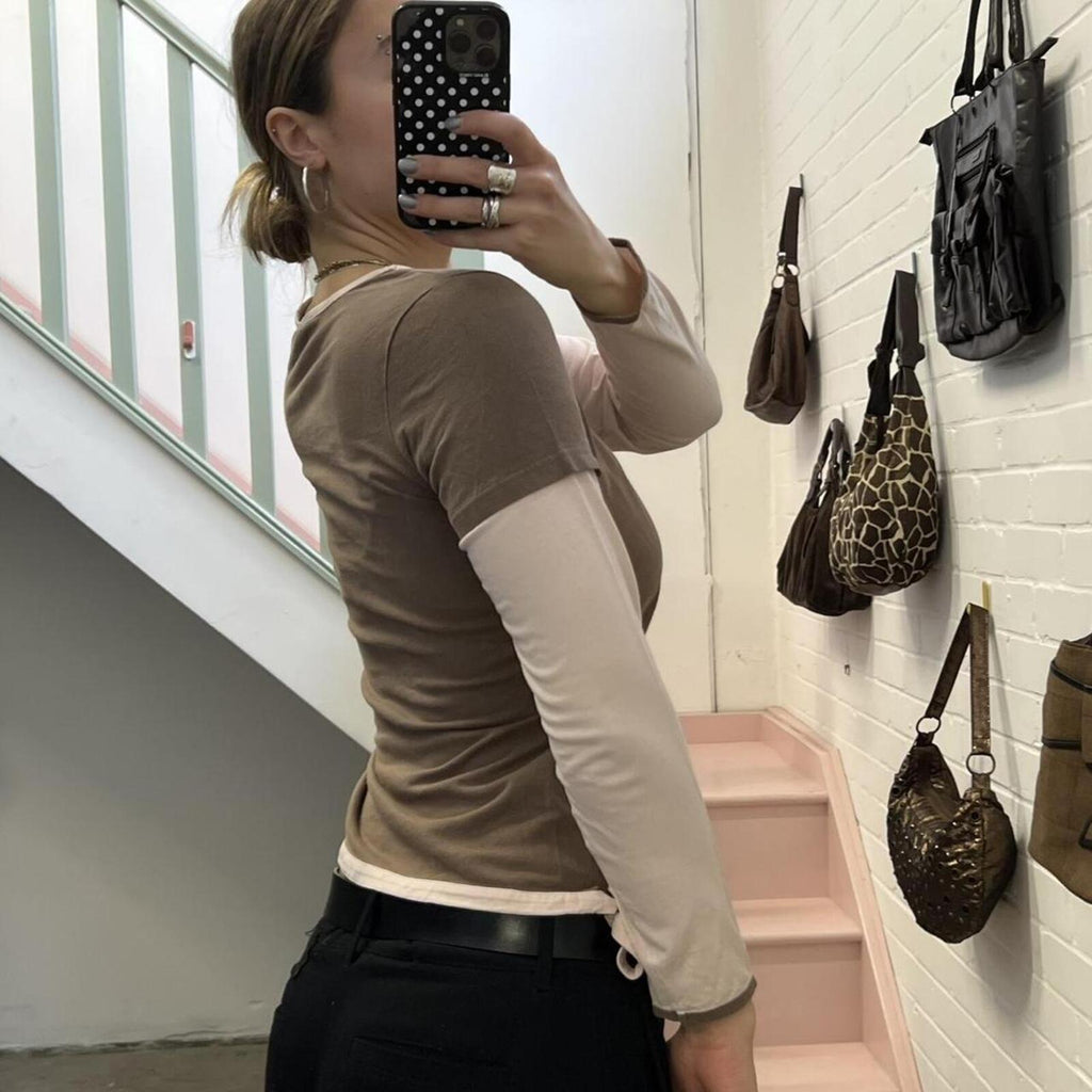 brown and cream polka dot geo print vintage long sleeve layered top