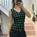 green and black checkered fitted vintage v neck vest top
