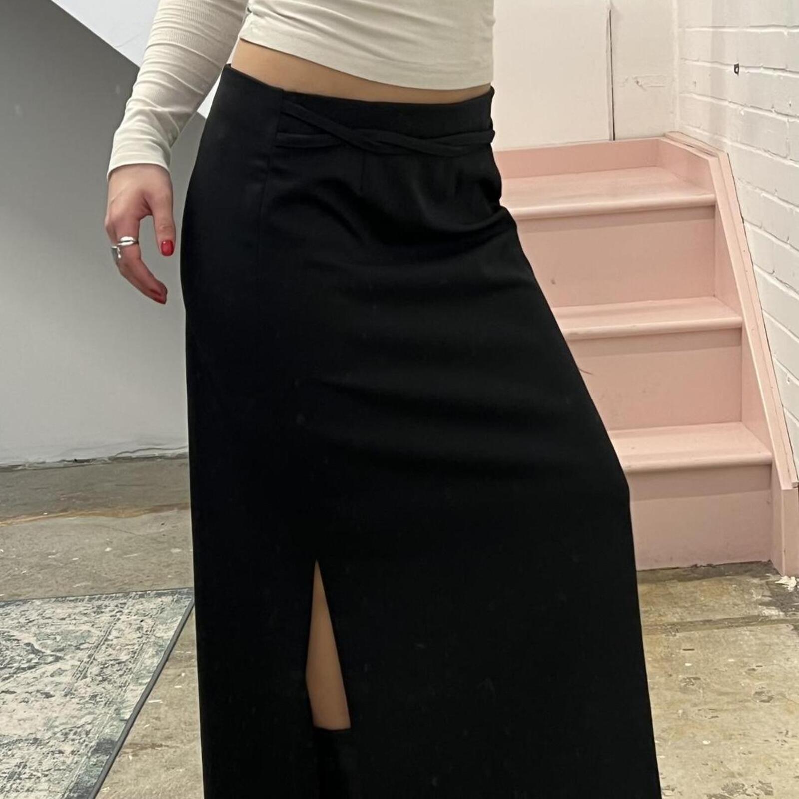 Black tailored vintage maxi skirt with split hem