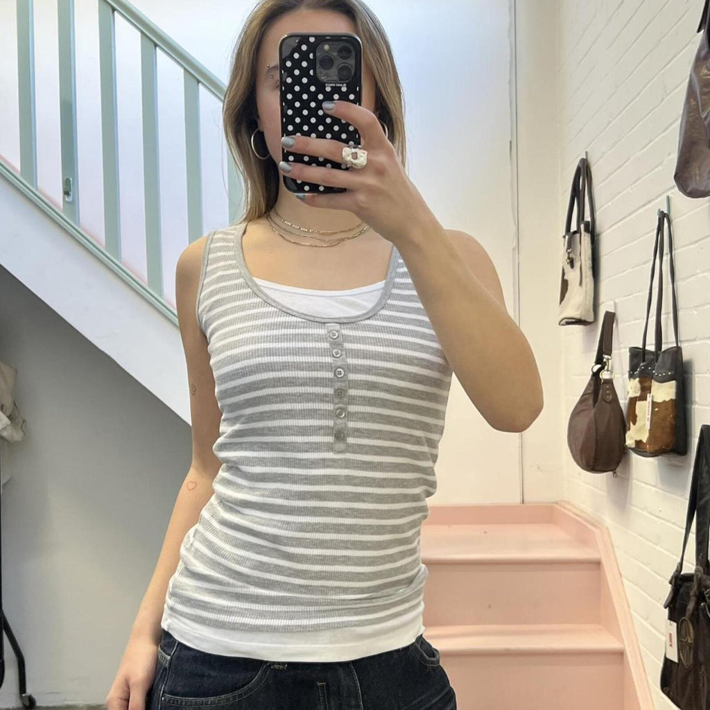 grey and white striped layered button up vintage vest