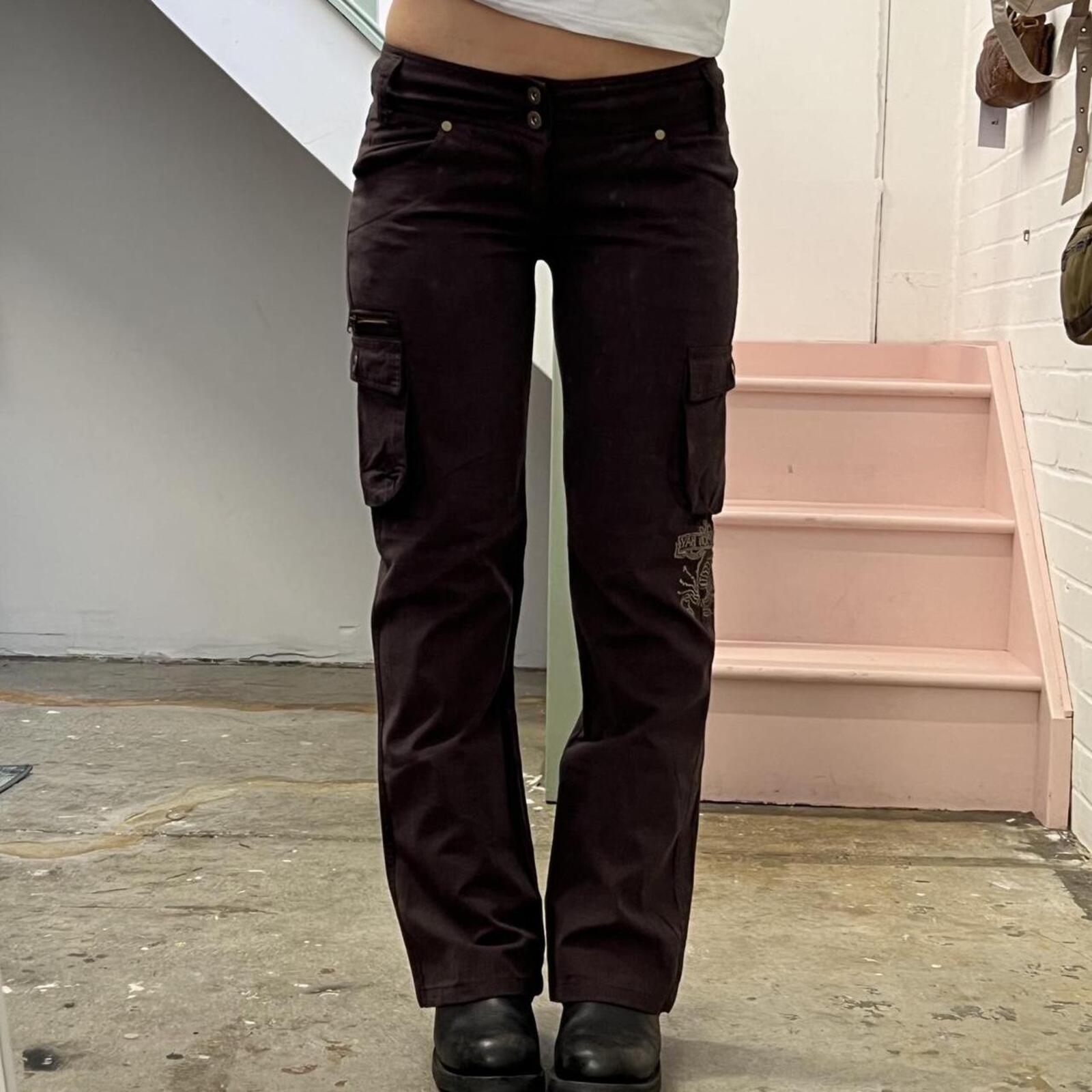 Brown checkered low rise straight leg tailored vintage embroidered trousers
