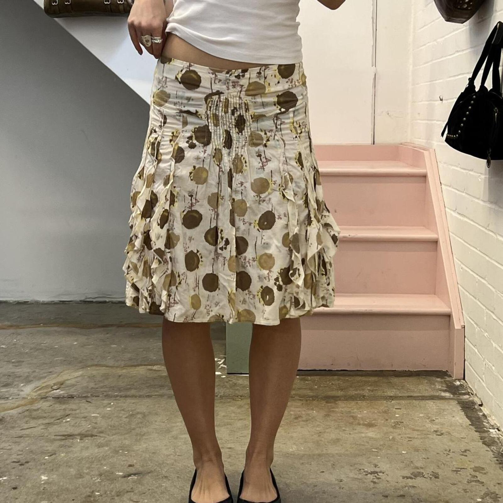 cream and brown polka dot ruffle midi skirt