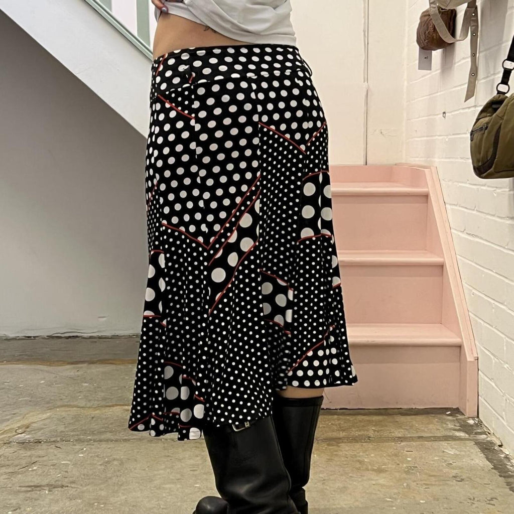 Black and white polka dot patchwork floaty vintage maxi skirt with red contrast stitching