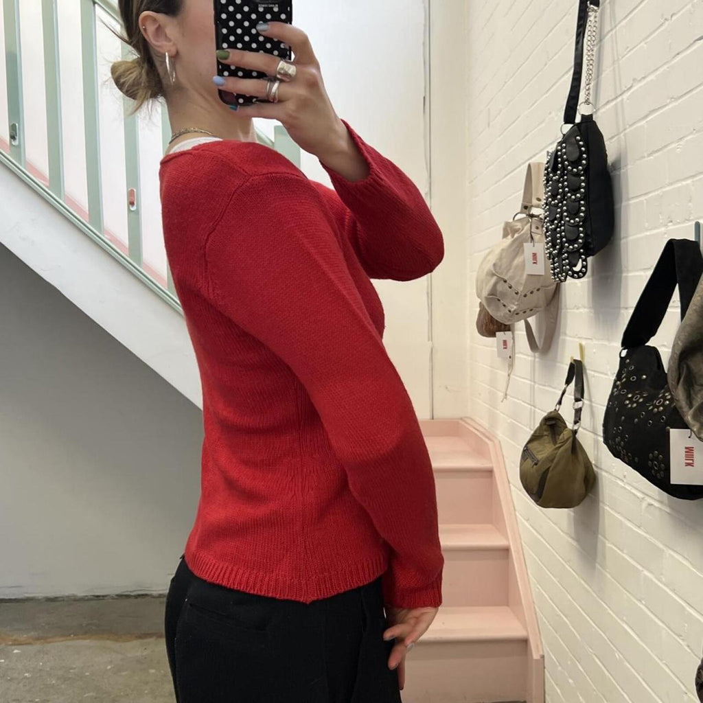 red knitted vintage cardigan with pearl buttons
