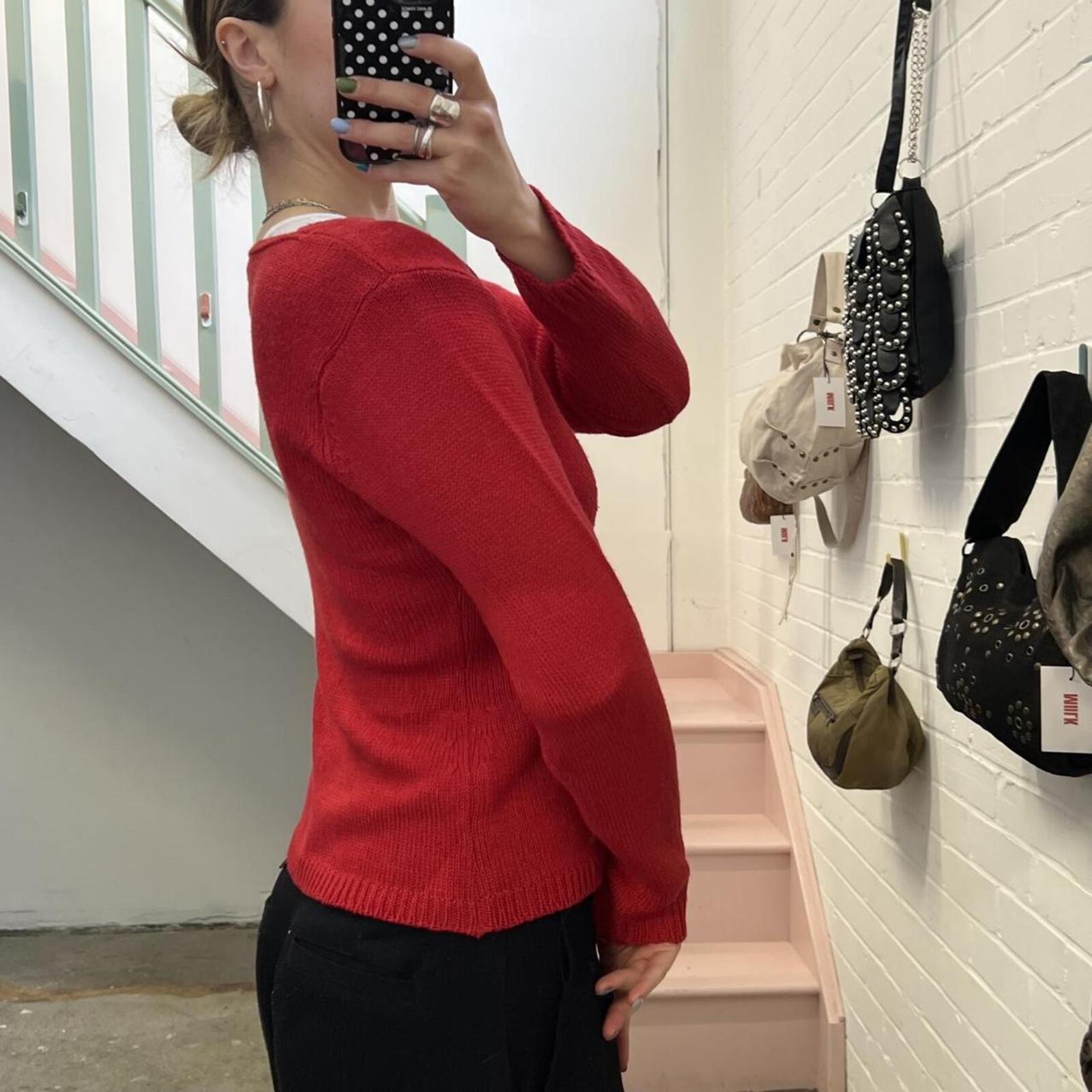red knitted vintage cardigan with pearl buttons