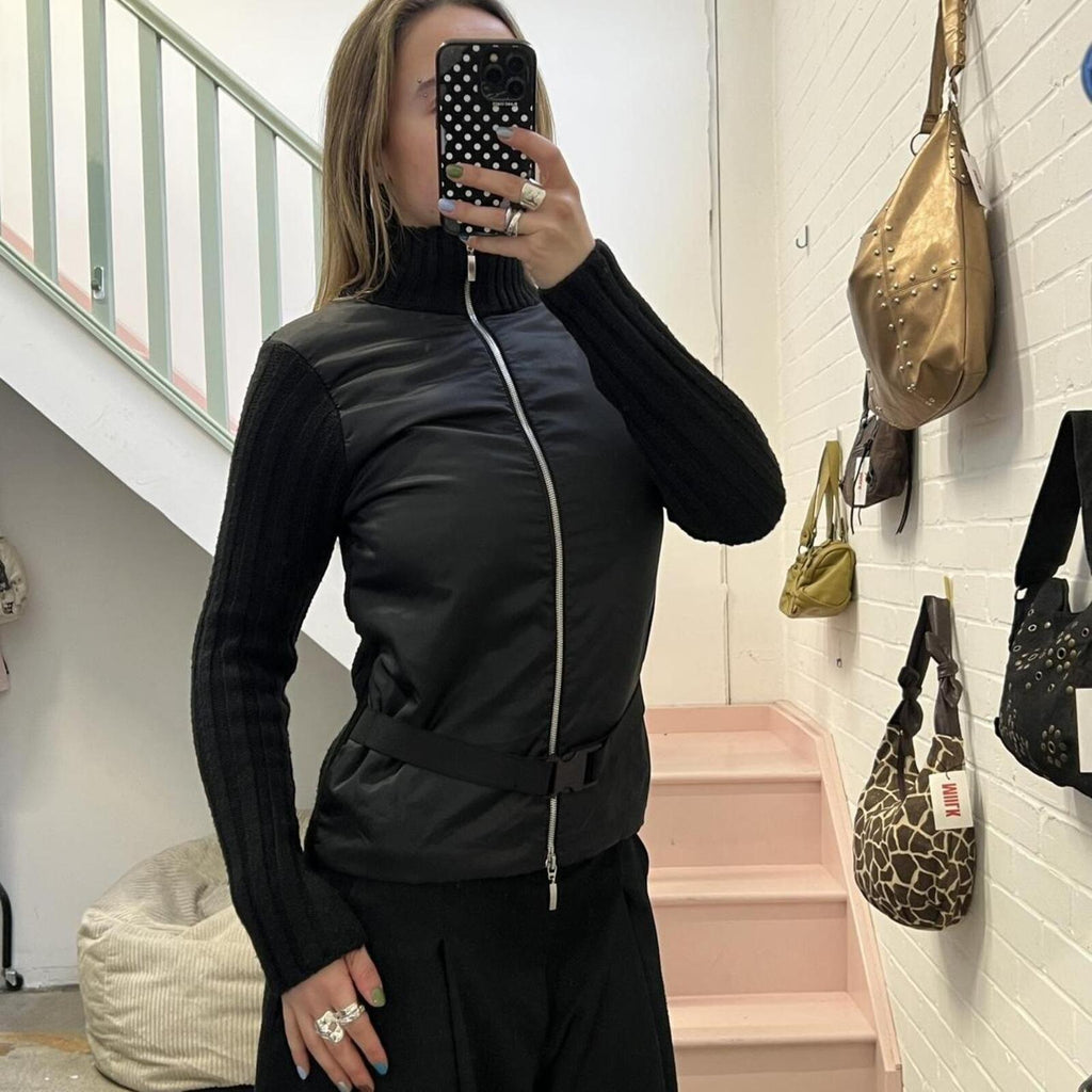 black vintage zip up high neck lightweight jacket with belted waist