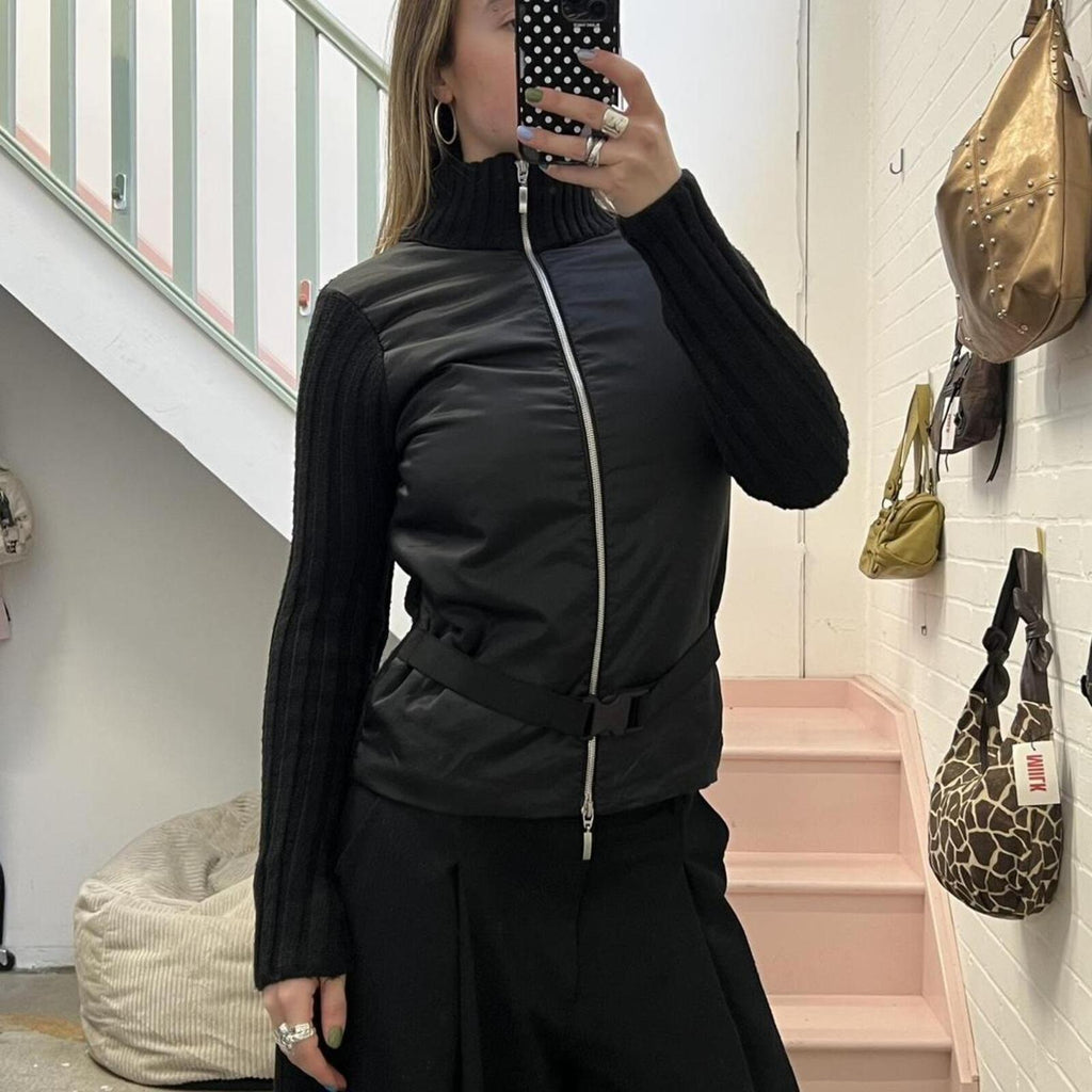 black vintage zip up high neck lightweight jacket with belted waist