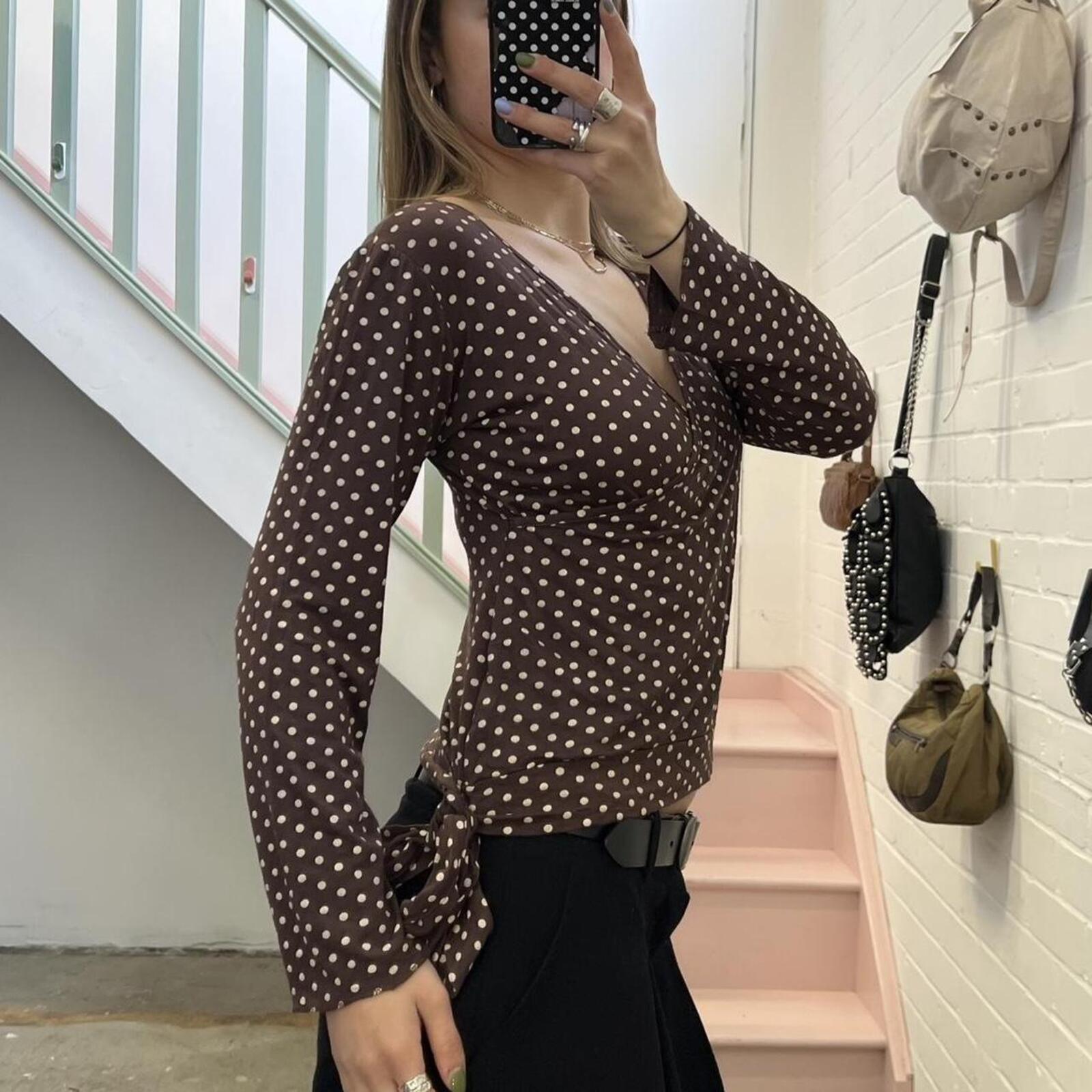 Cache brown and white polka dot v neck vintage fitted long sleeve top