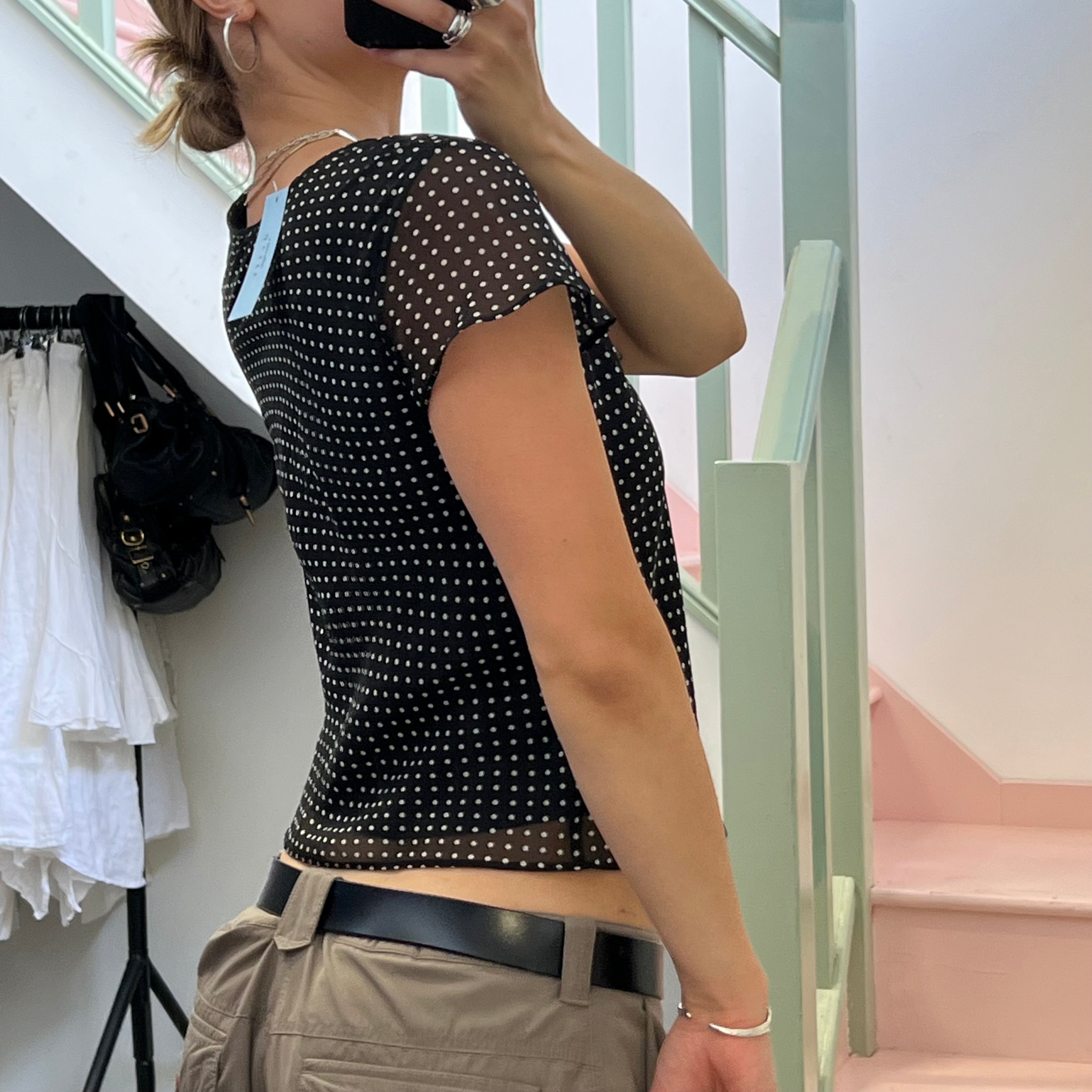 Black and white polka dot floaty top