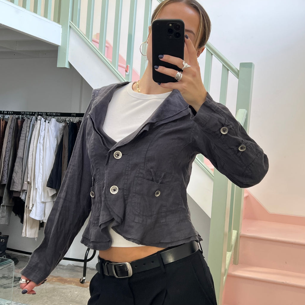 Grey linen ruffle blazer