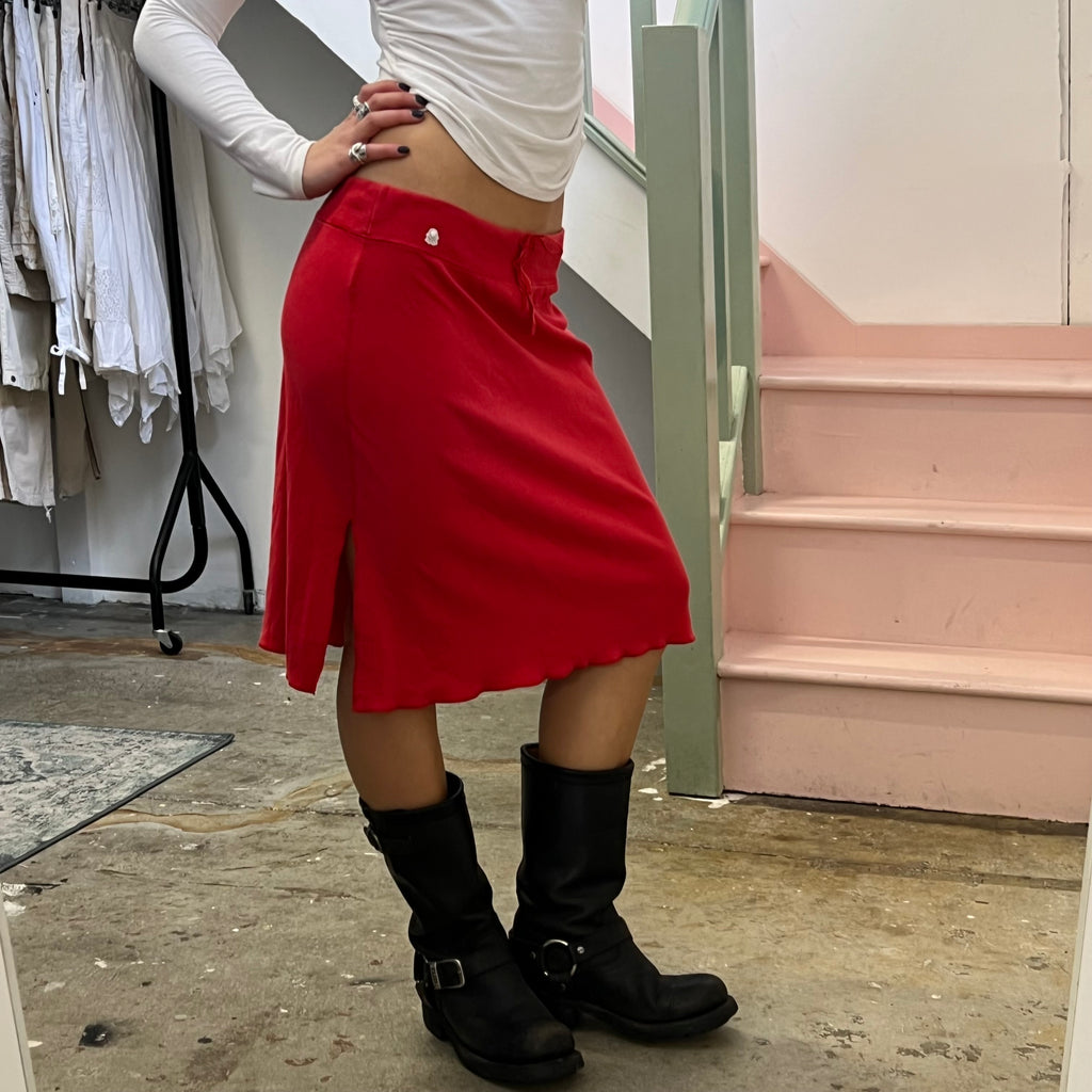Red sporty tie waist midi skirt