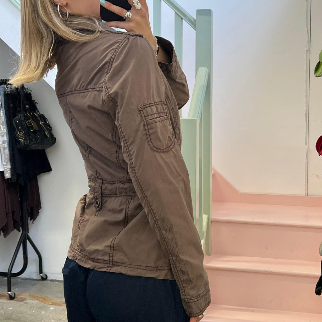 Brown utility style button up lightweight jacket