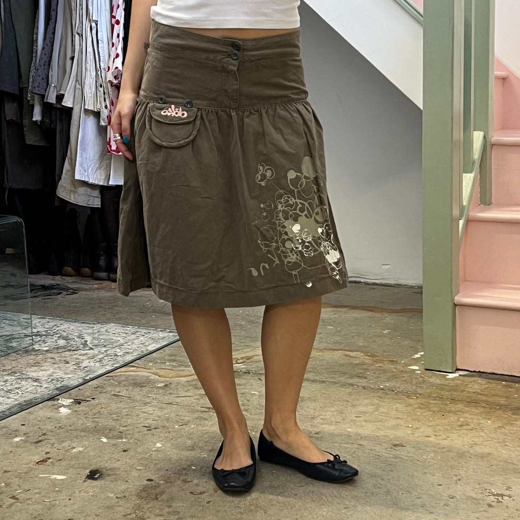 Khaki puffy printed midi skirt