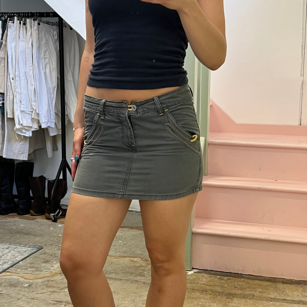 Grey denim mini skirt with contrast stitching