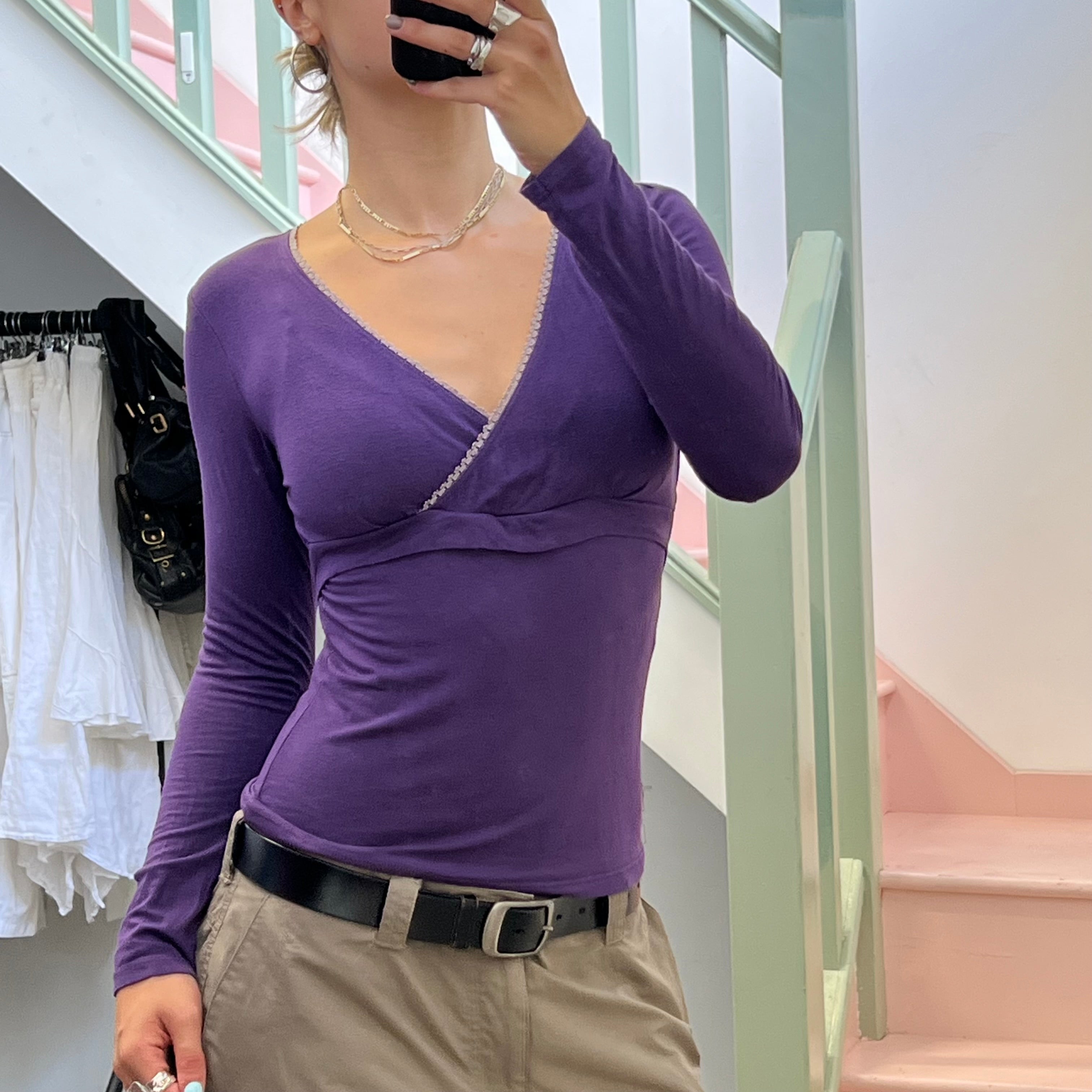 Purple fitted long sleeve v neck top