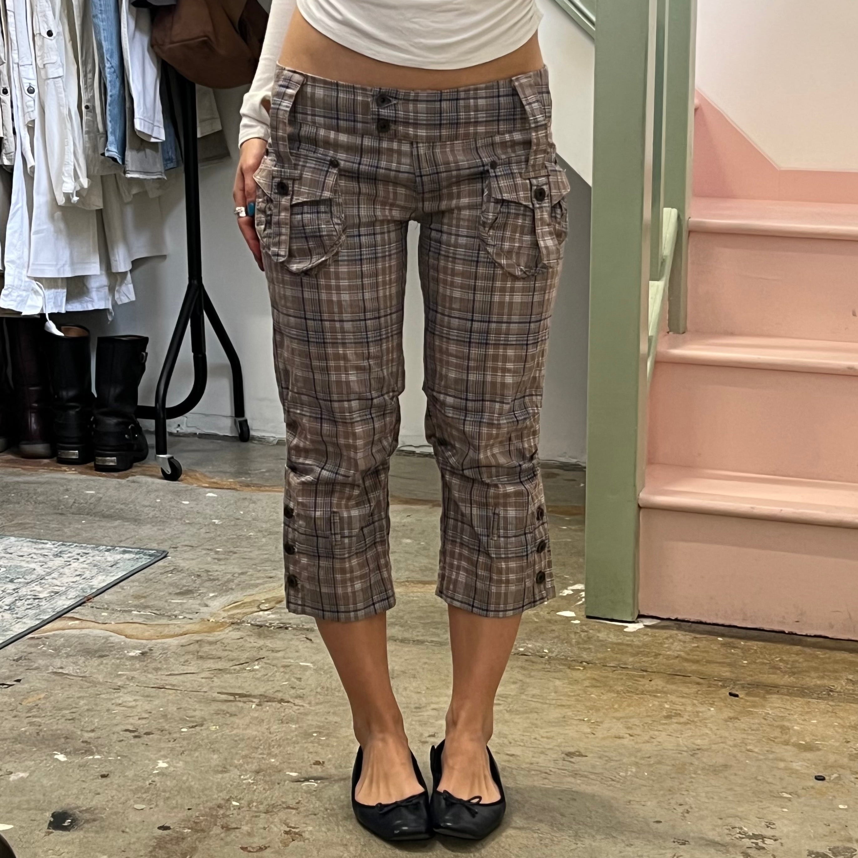 Brown checkered slim fit tailored capris