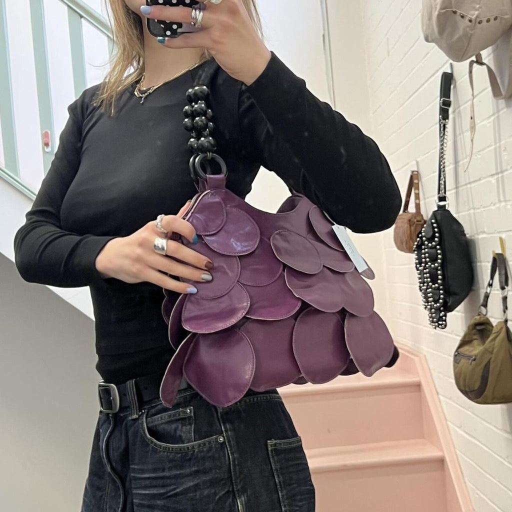 purple vintage faux leather layered disc bag with beaded strap