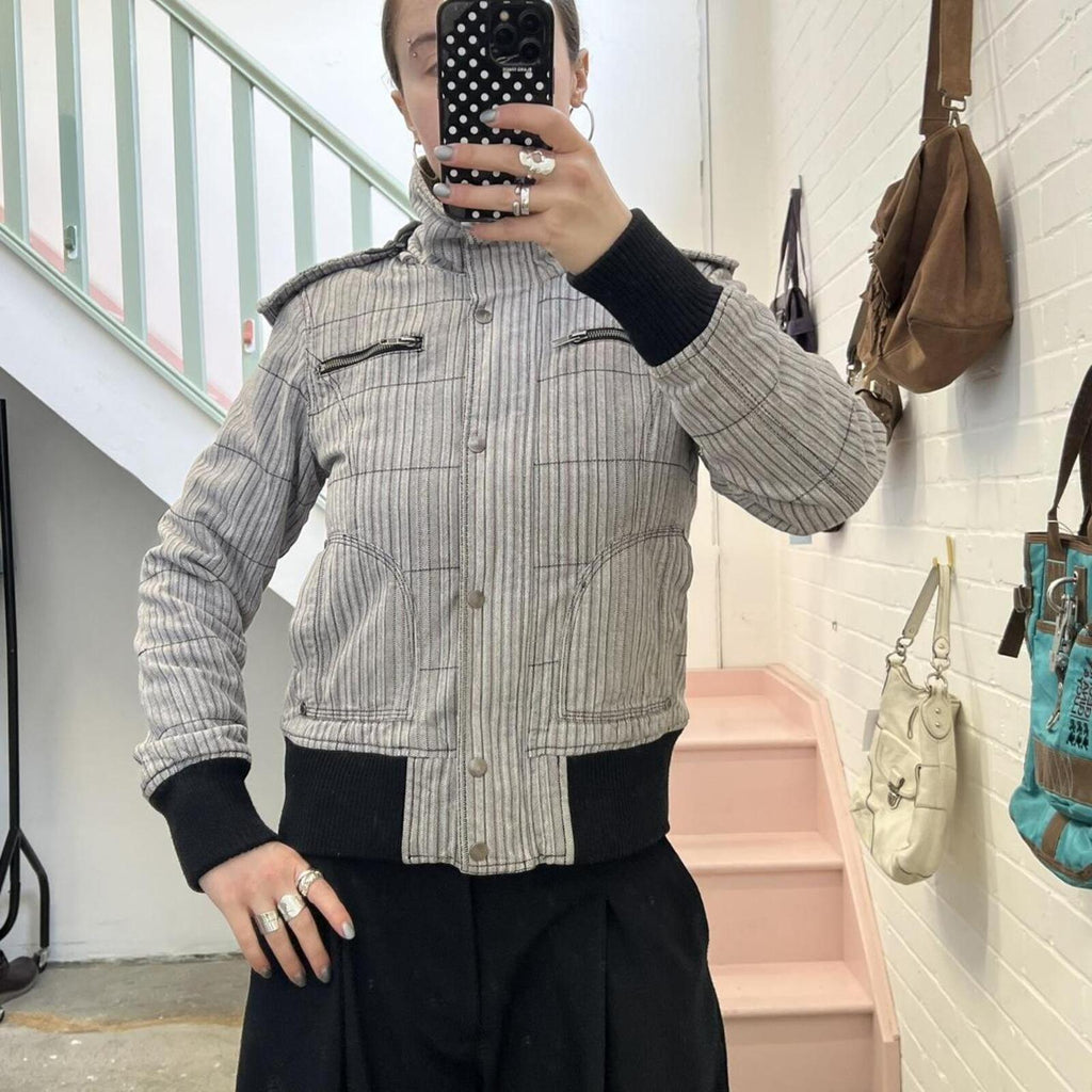 Fishbone grey striped padded hooded zip up coat
