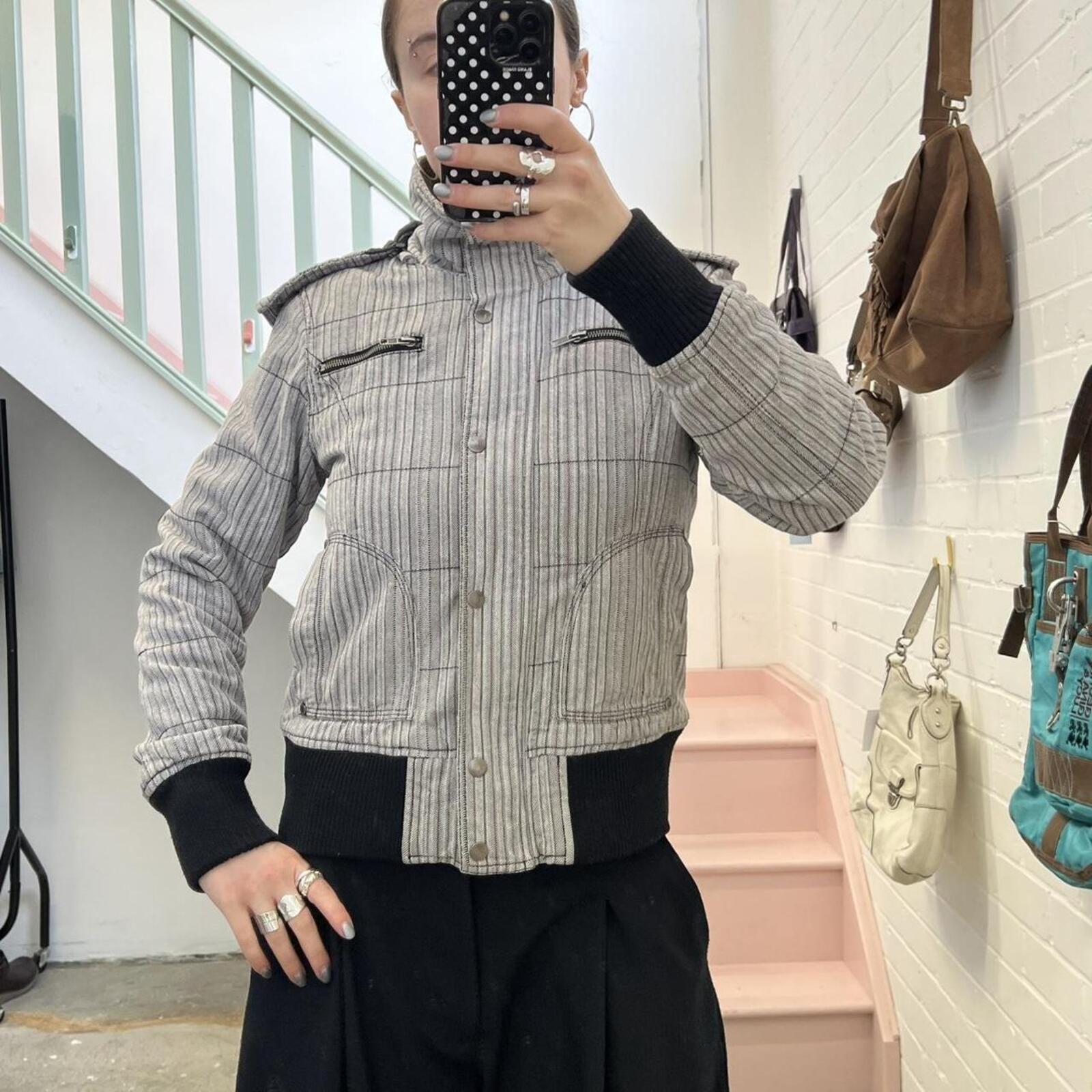 Fishbone grey striped padded hooded zip up coat