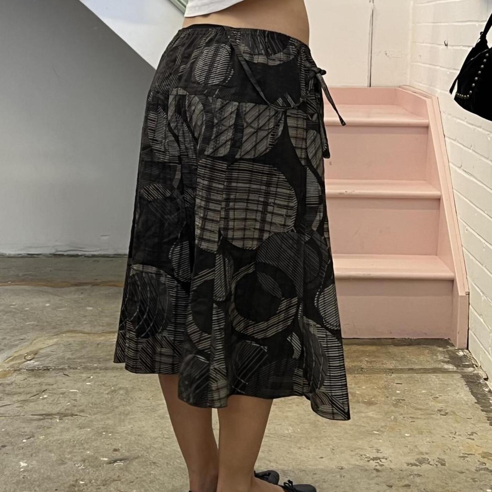 Brown and grey polka dot geo print floaty utility style vintage midi skirt