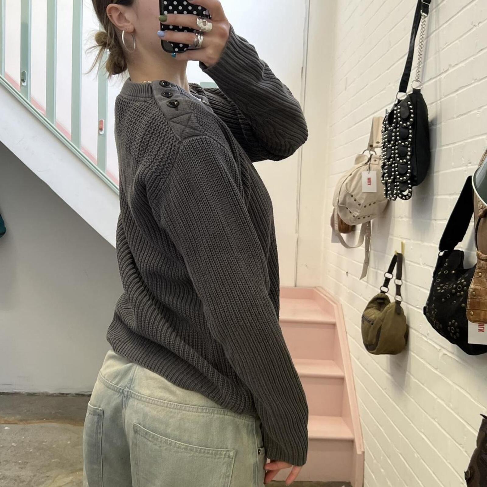G-Star Raw utility style grey chunky knit crew neck vintage sweater with button detail
