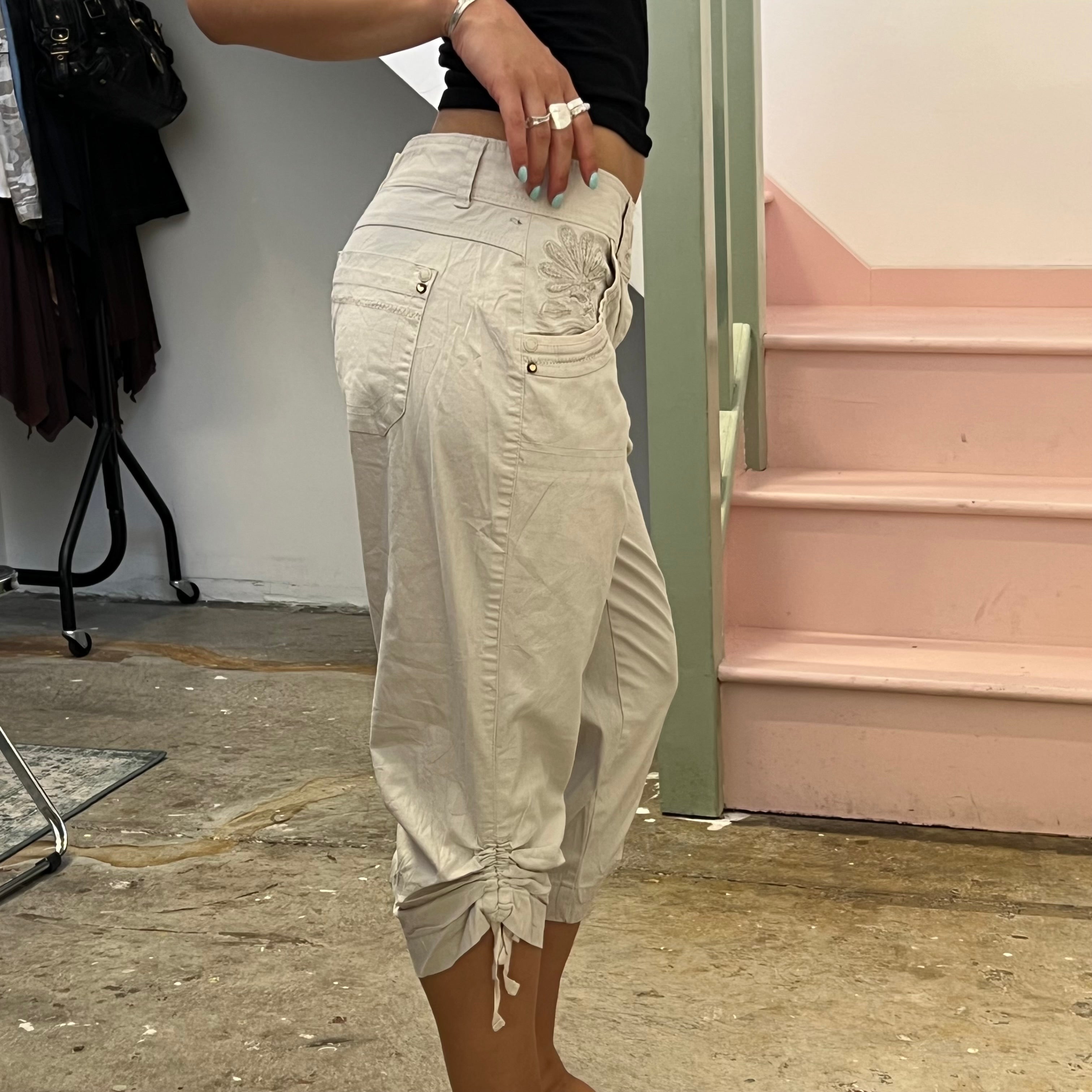 Cream embroidered ruched cargo capris