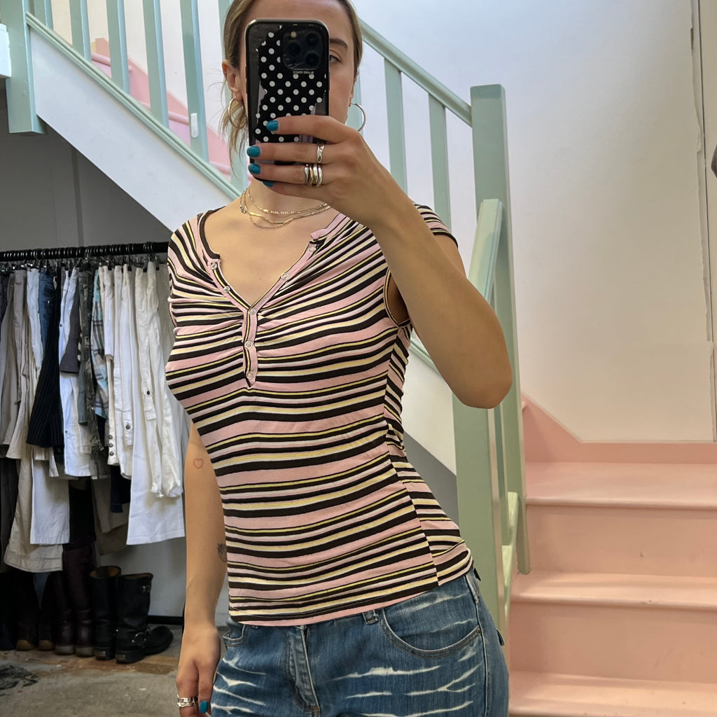 Pink striped button up v neck tee
