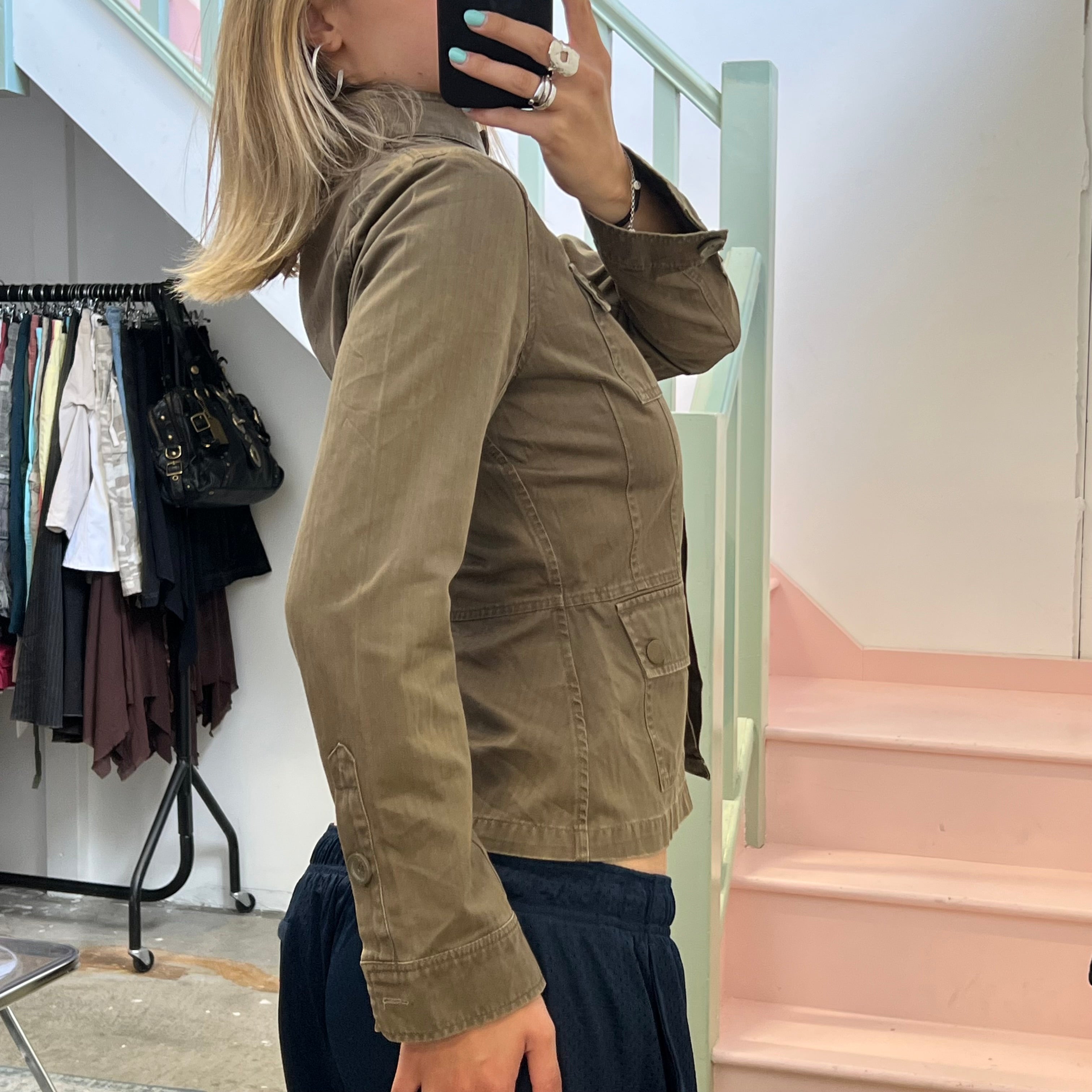 Oasis khaki button up fitted utility style jacket