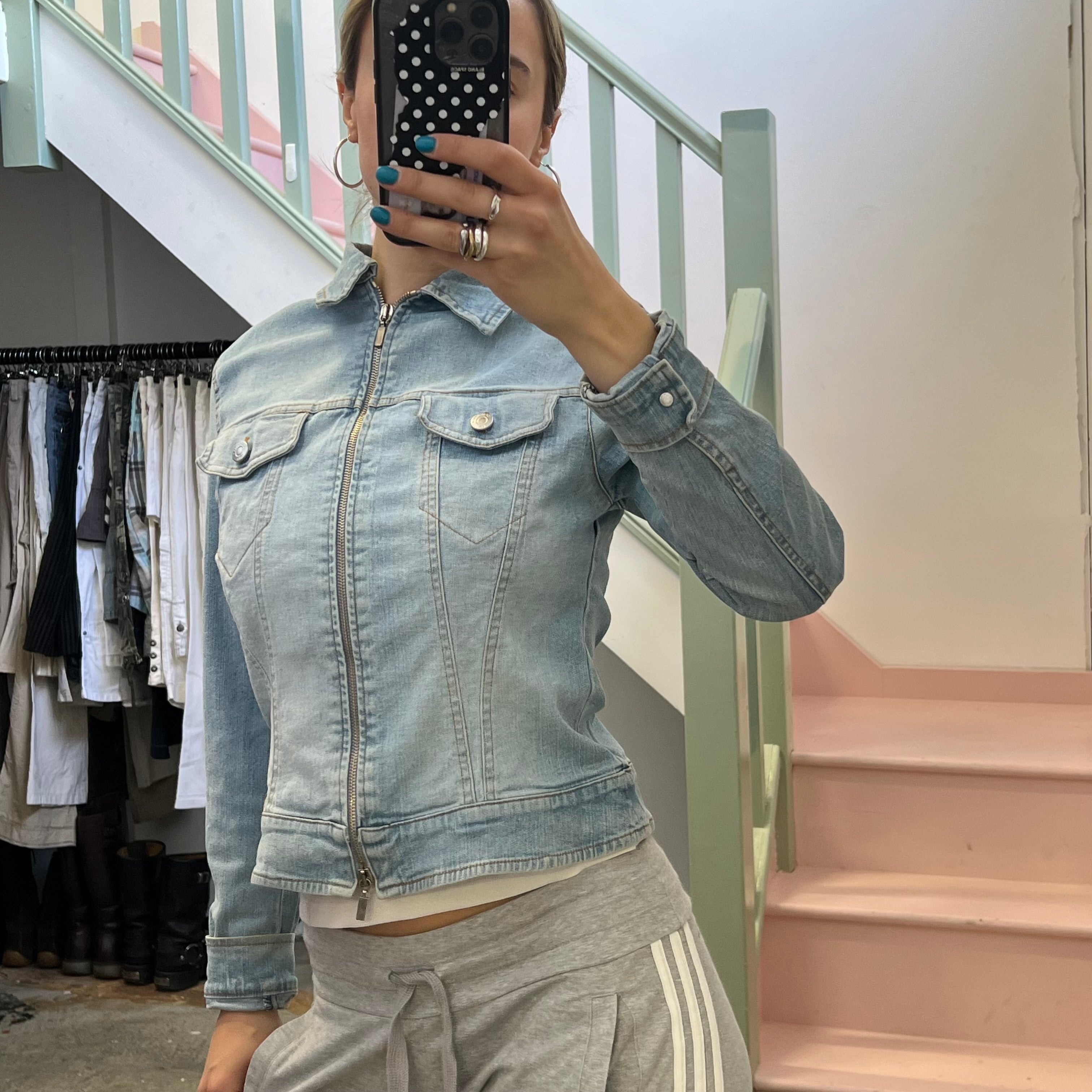 Light blue denim zip up fitted jacket