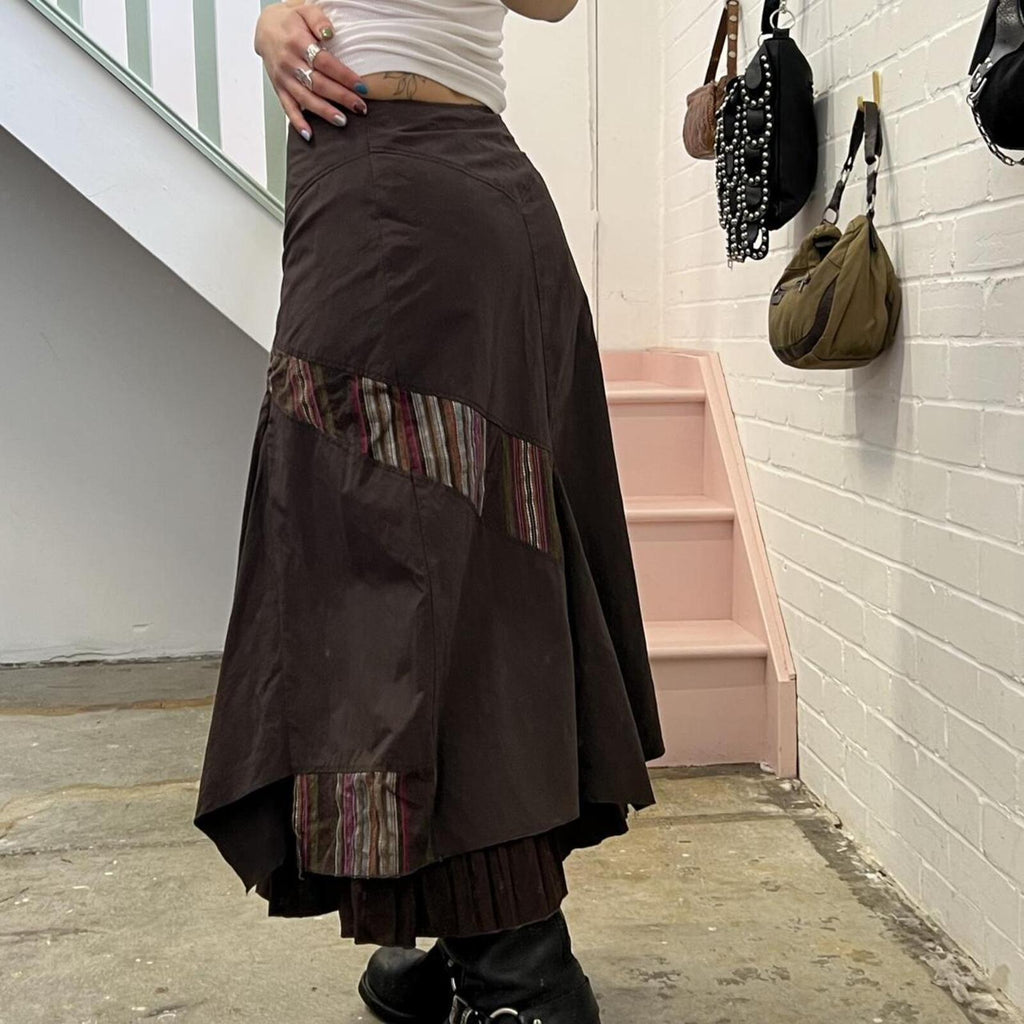 Promod brown layered cargo vintage maxi skirt with stripe patchwork detail
