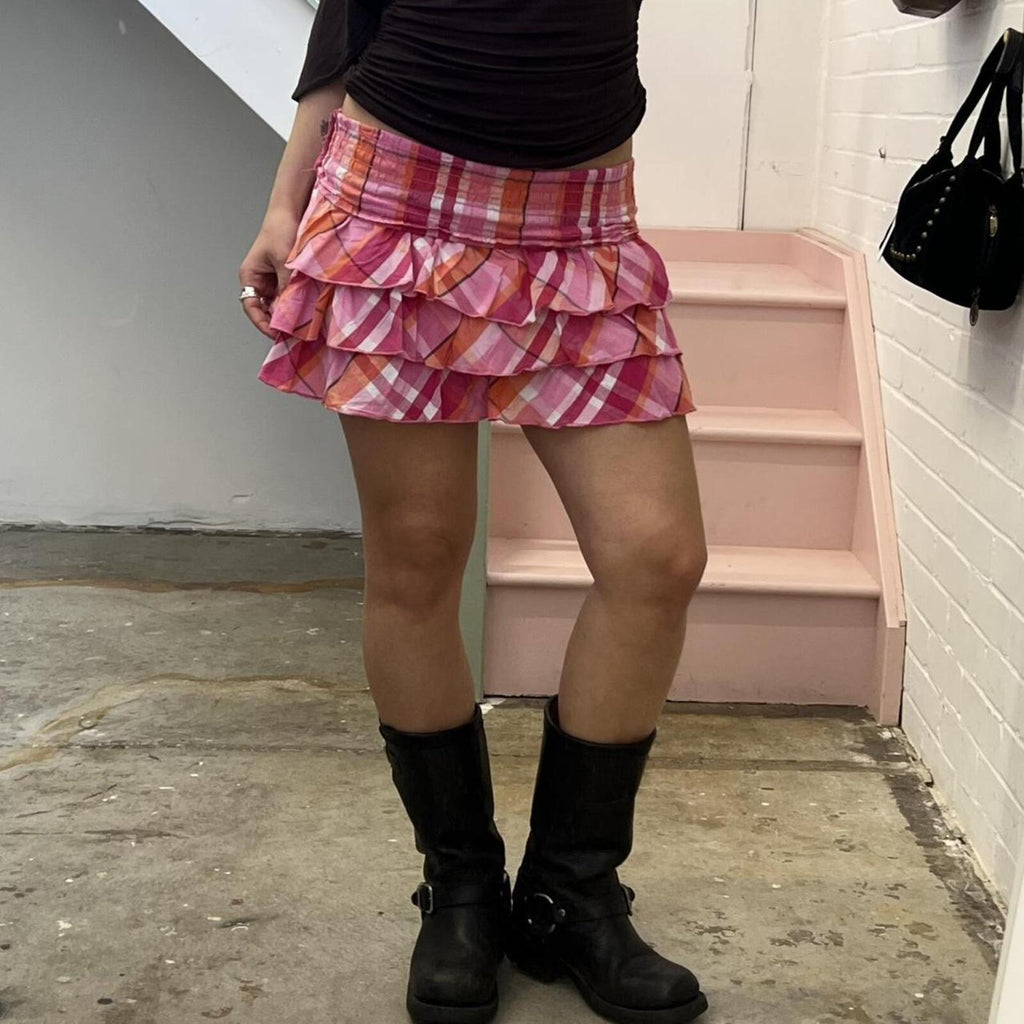 pink gingham ruffle frilly mini skirt with foldable waist