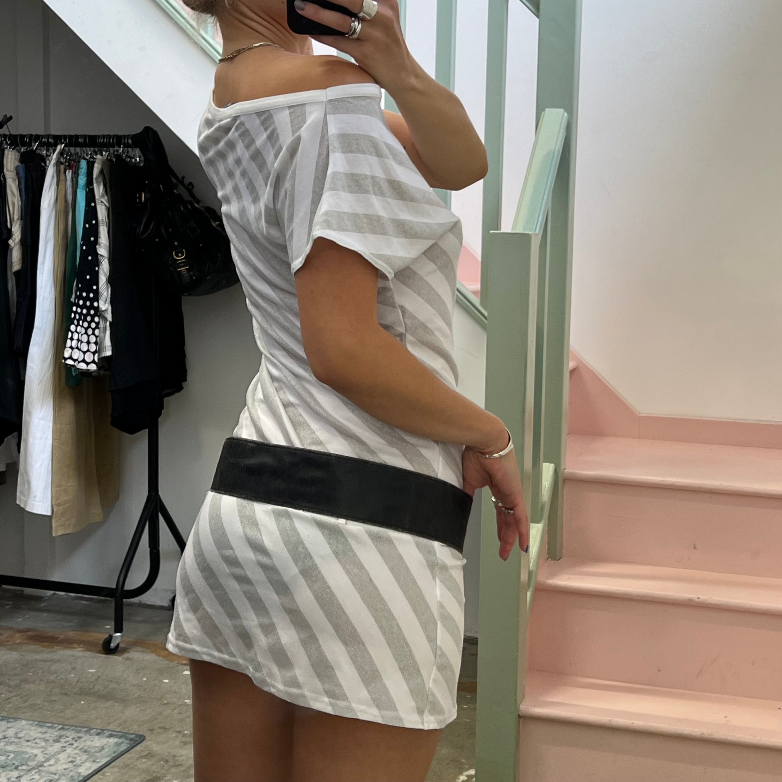 White and silver striped drop waist slouchy mini dress