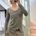 Khaki embroidered asymmetrical long sleeve top