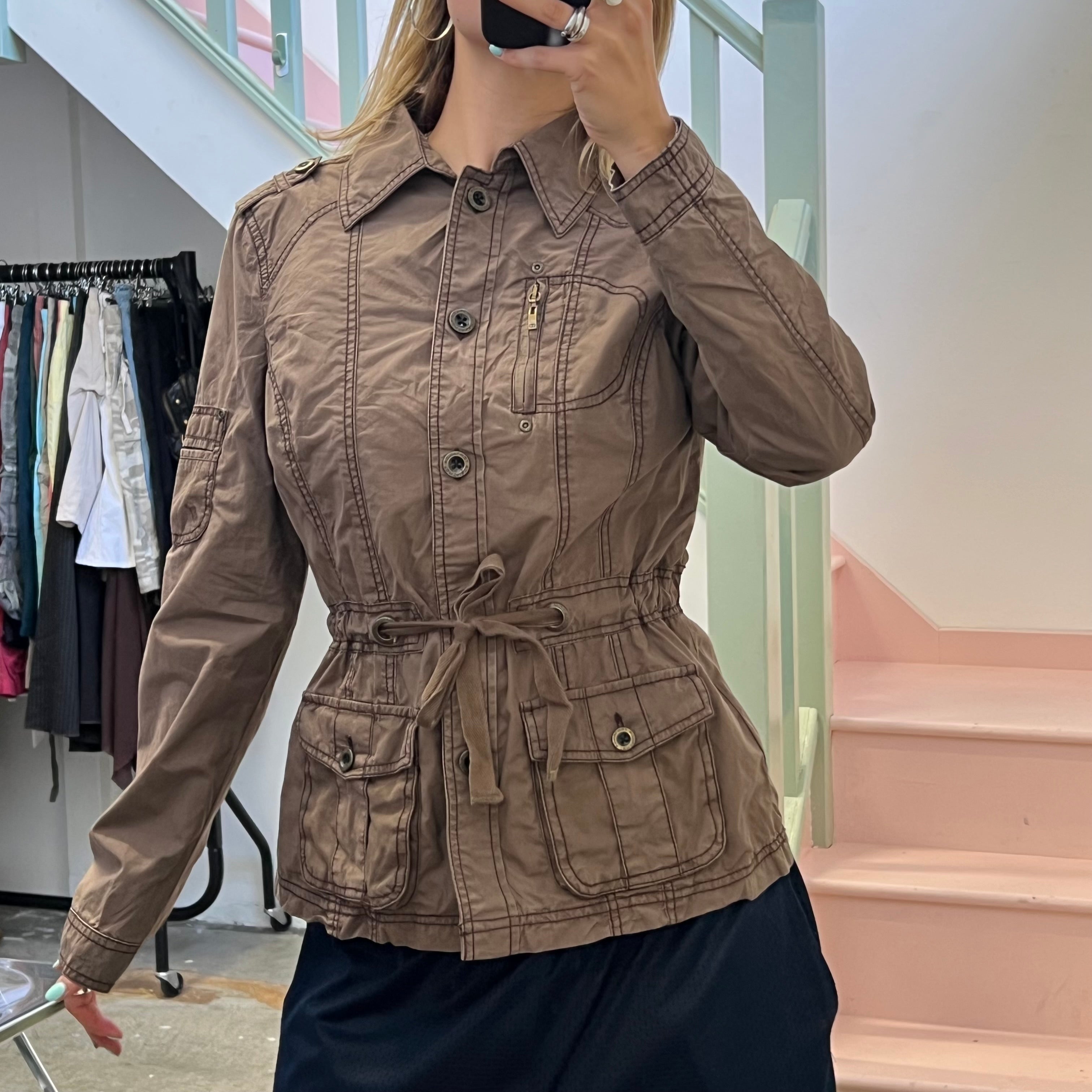 Brown utility style button up lightweight jacket