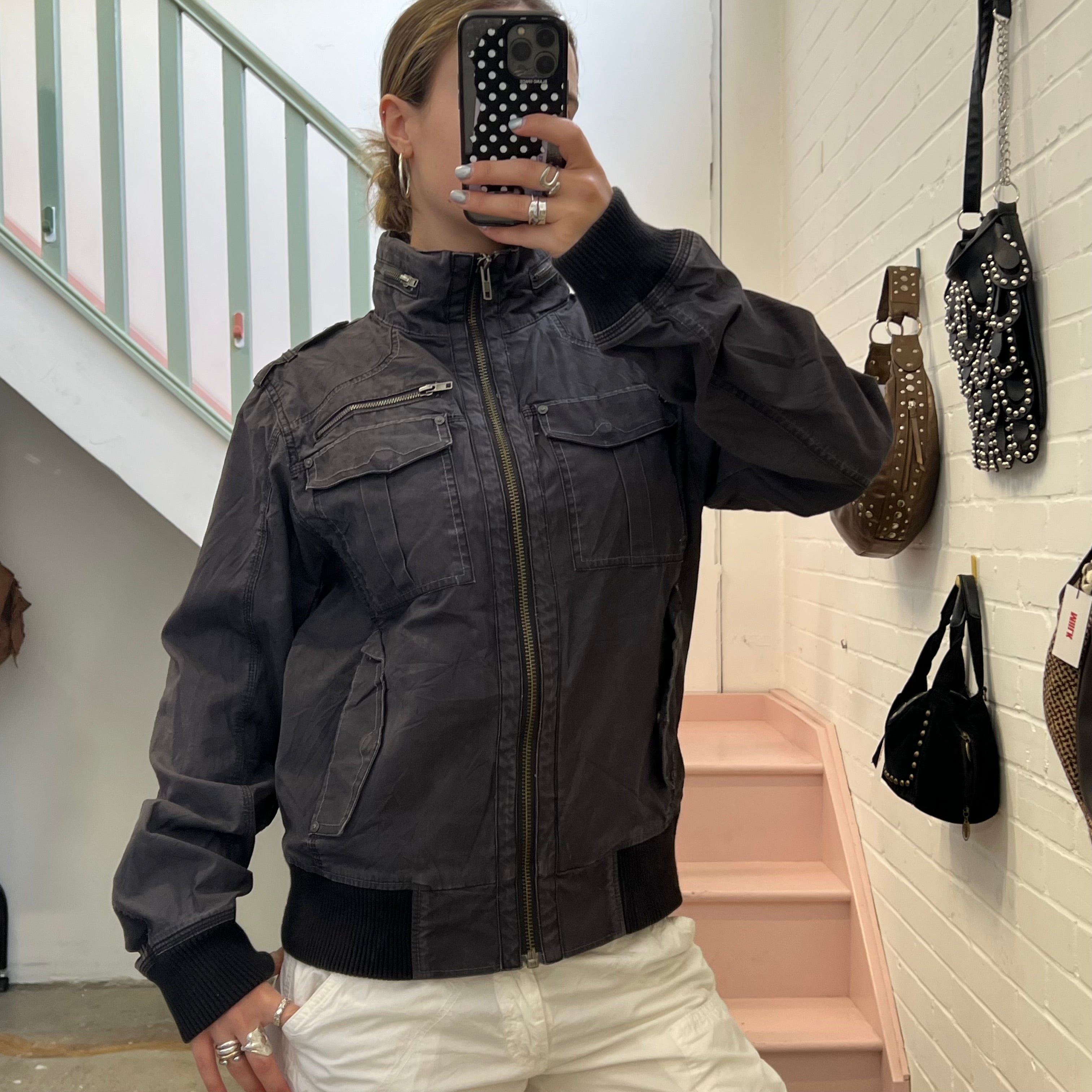 Navy grey oversized utility style bomber jacket