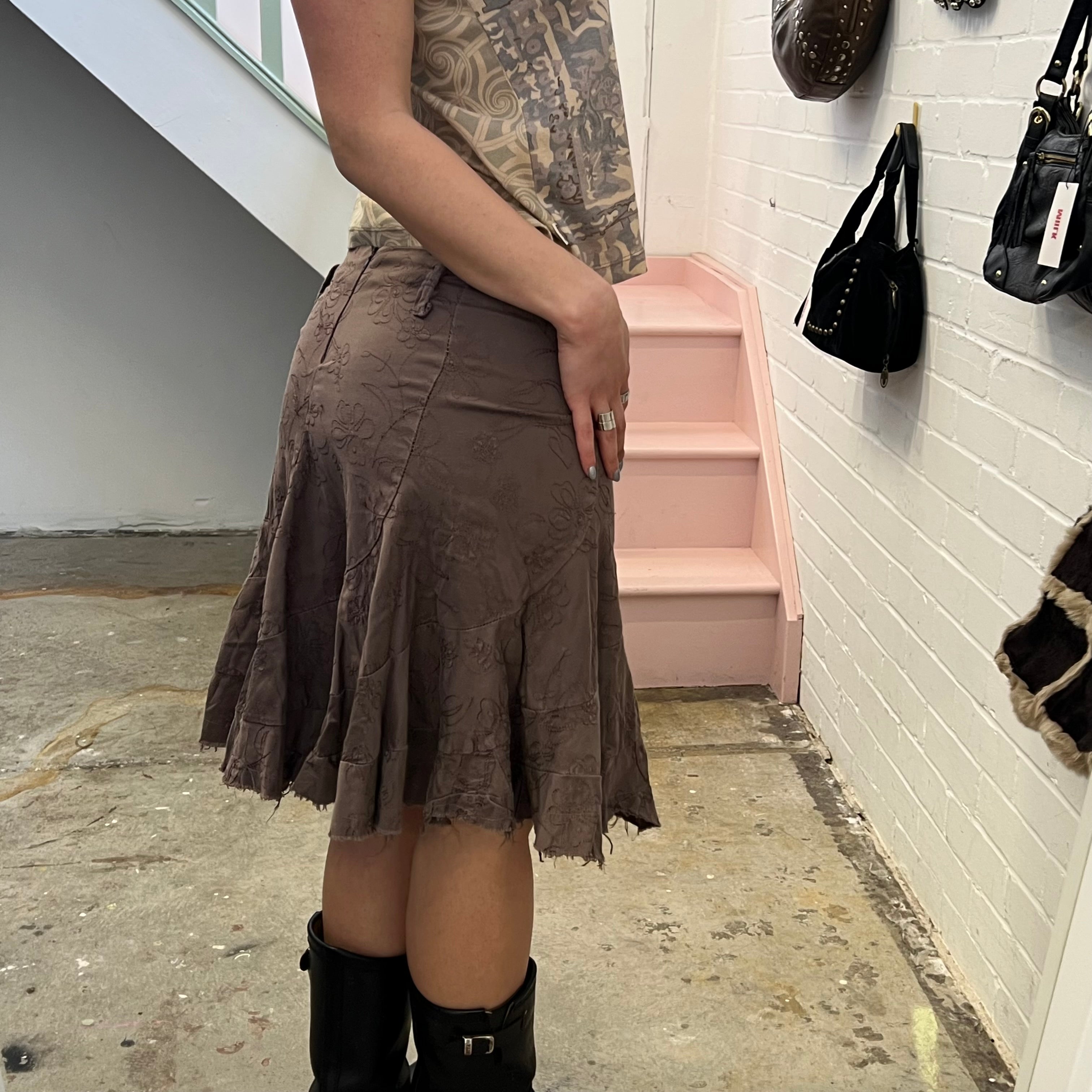 Brown embroidered flared midi skirt