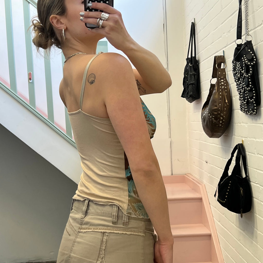 Blue and cream printed mesh vest