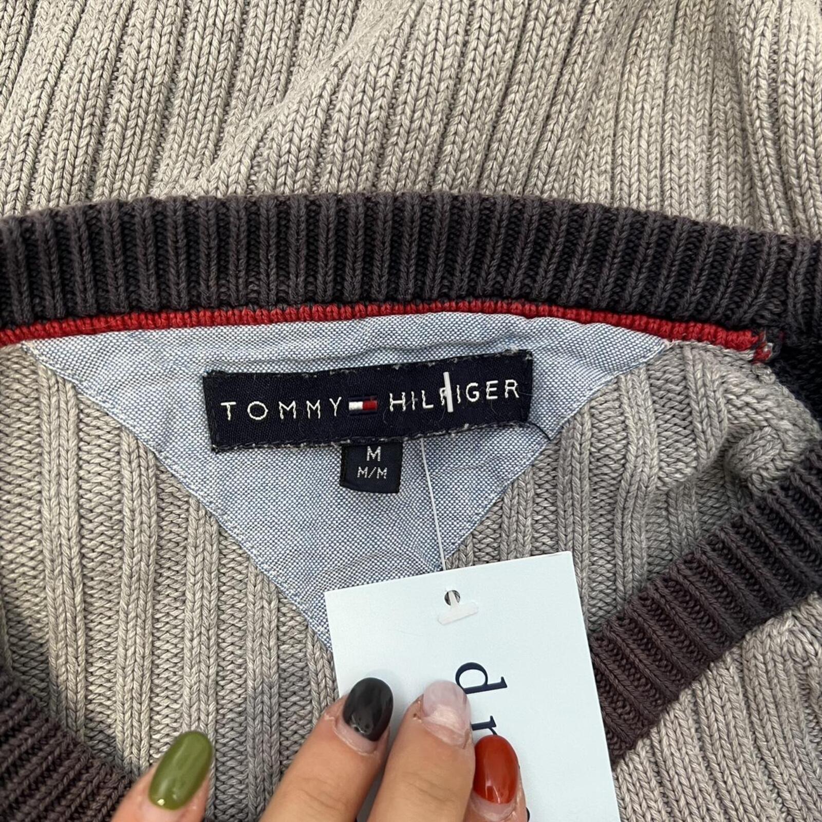 tommy hilfiger grey and navy ribbed chunky knit sweater