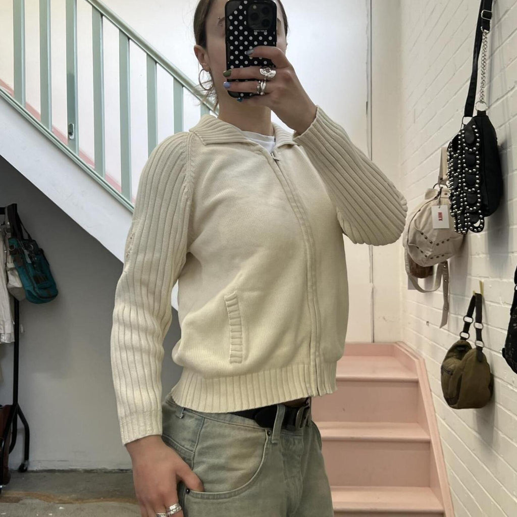 cream knitted zip up vintage cardigan