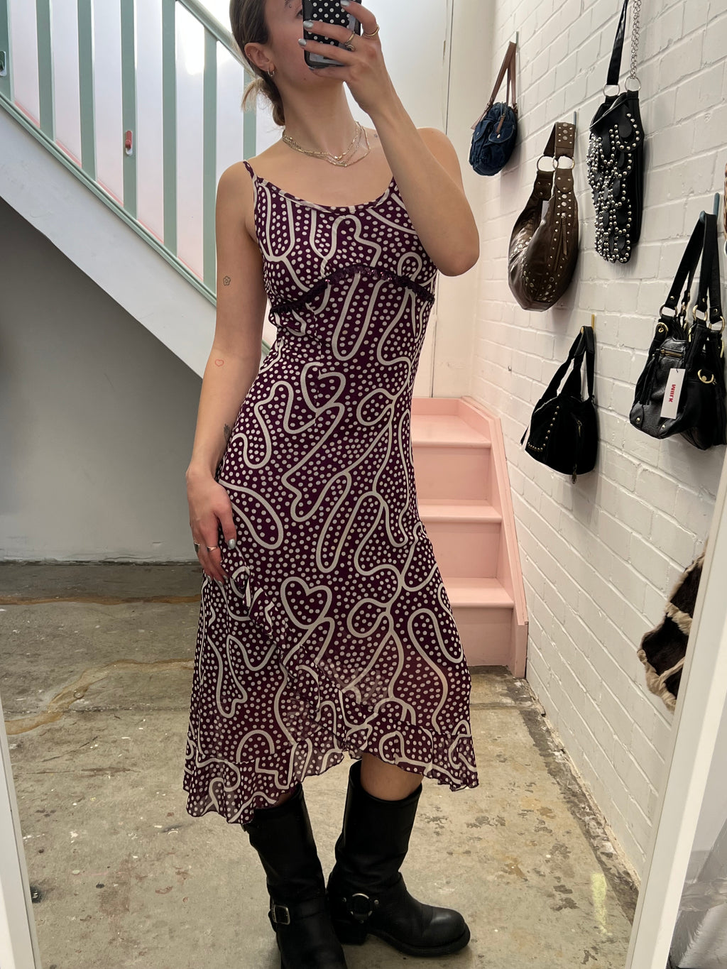 Purple and white polka dot strappy asymmetrical maxi dress