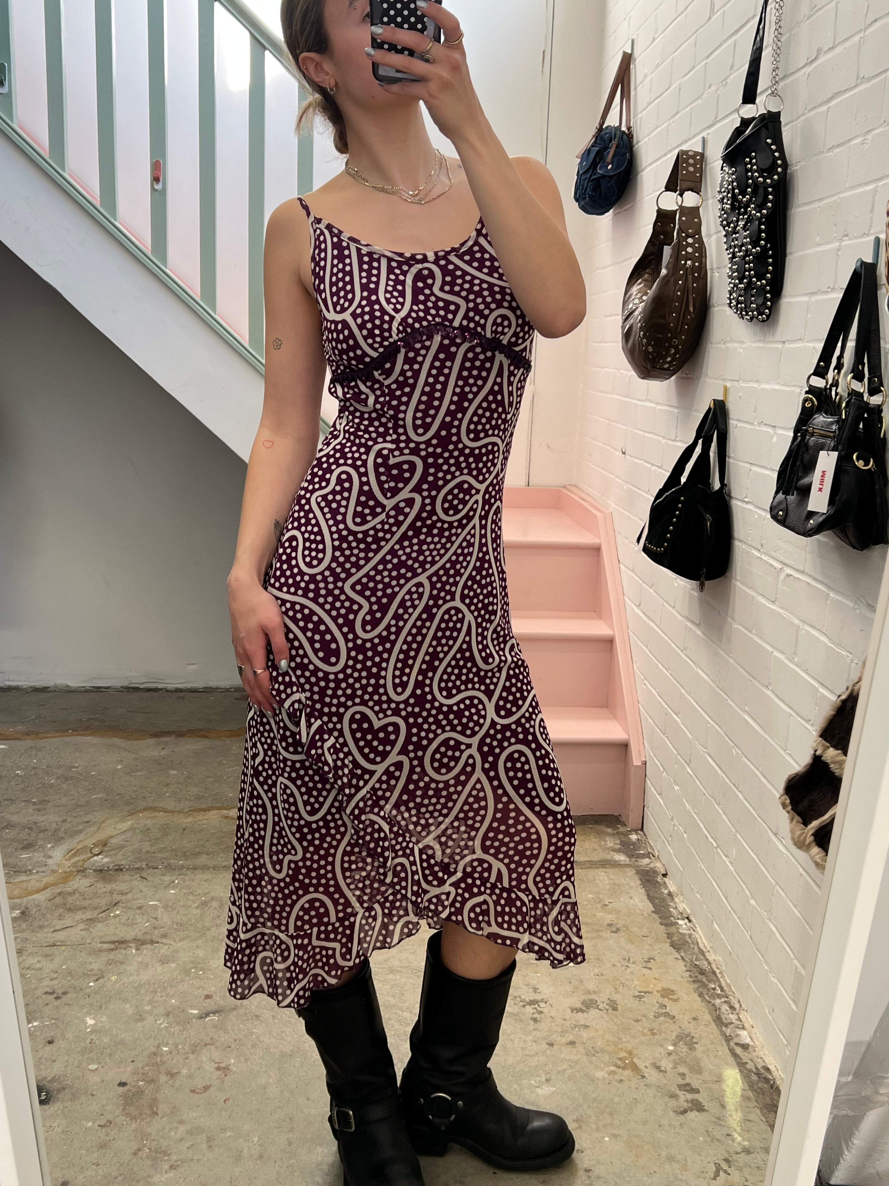Purple and white polka dot strappy asymmetrical maxi dress