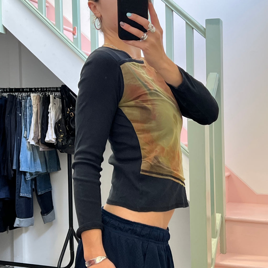 Black and khaki mesh panel top