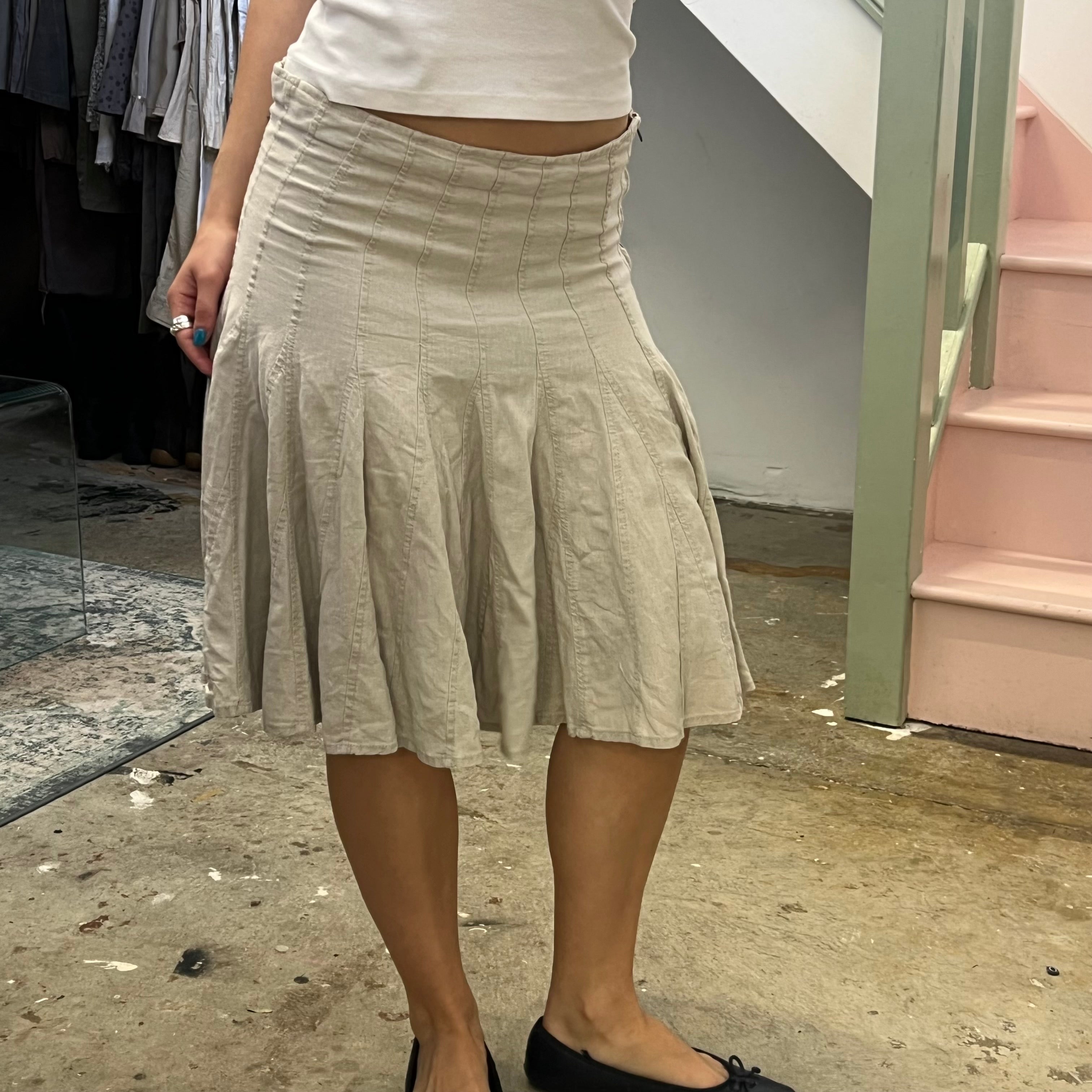 Cream pleated linen midi skirt