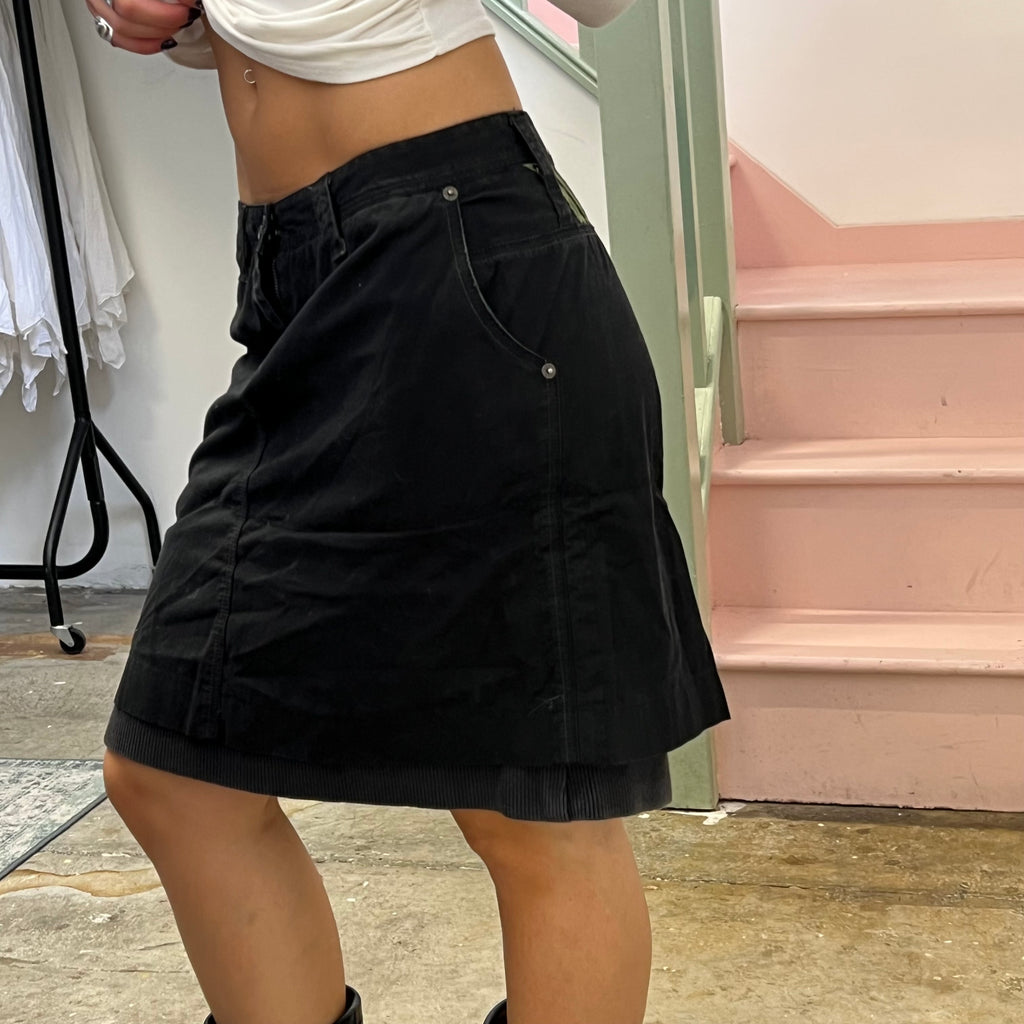 Black layered cargo knee length skirt