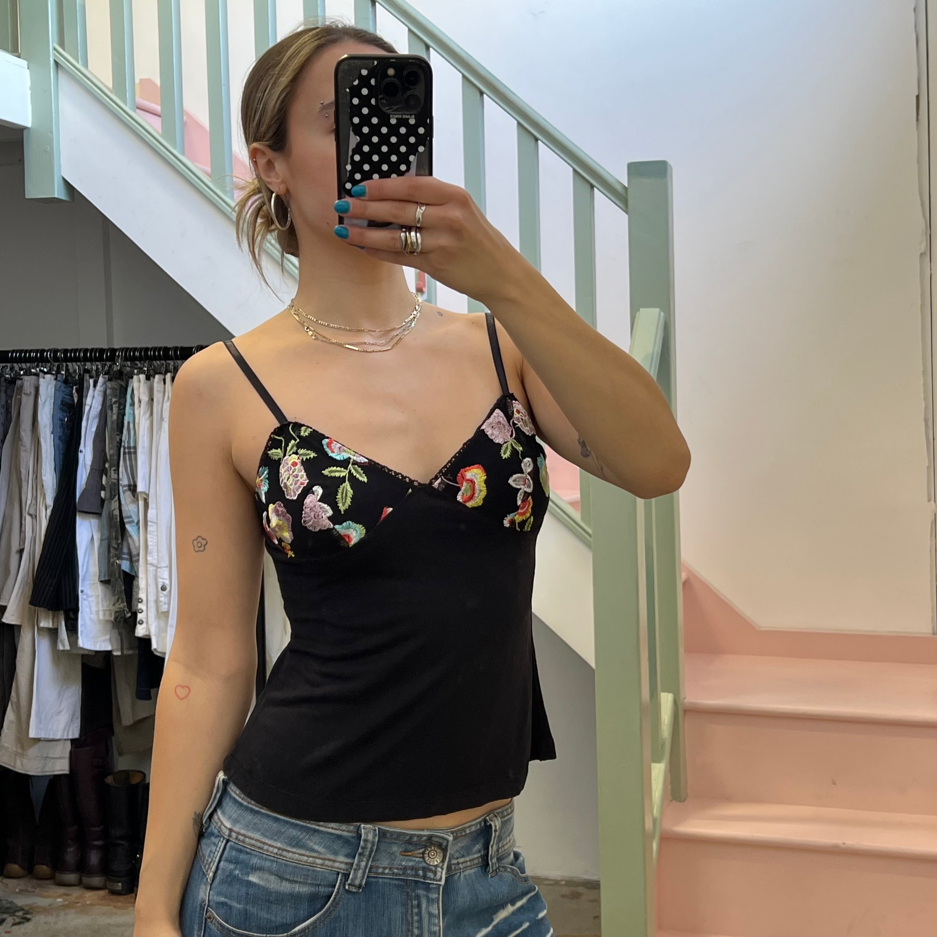 Black floral embroidered camis