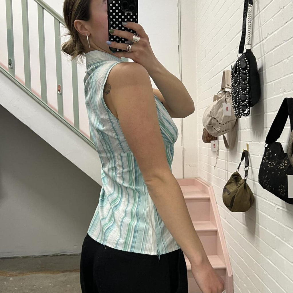 Teal and white striped fitted vintage short sleeve shirt vest